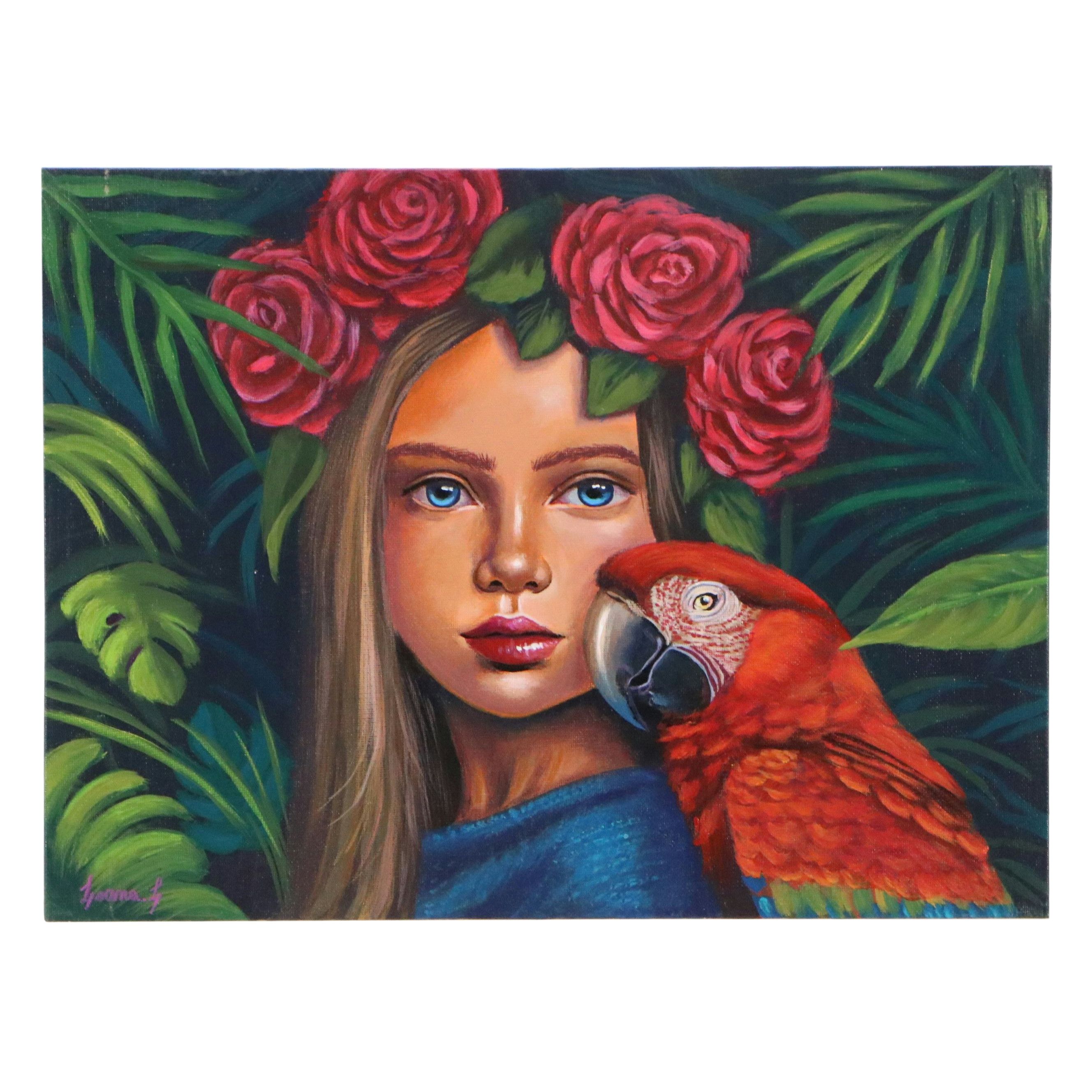 Loana Lopez Oil Portrait Painting of Girl with Macaw