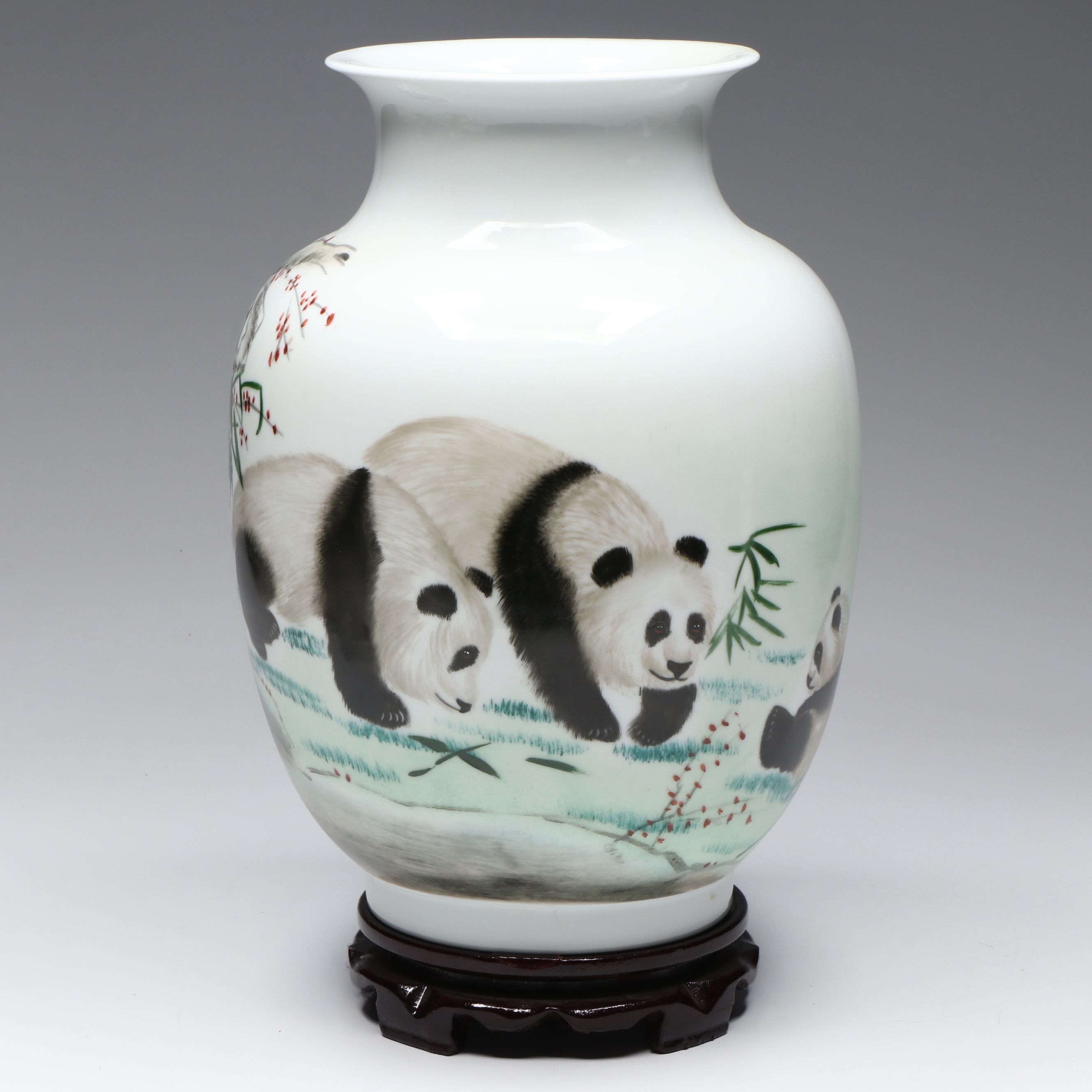Chinese Porcelain Panda Bear Vase with Wood Stand