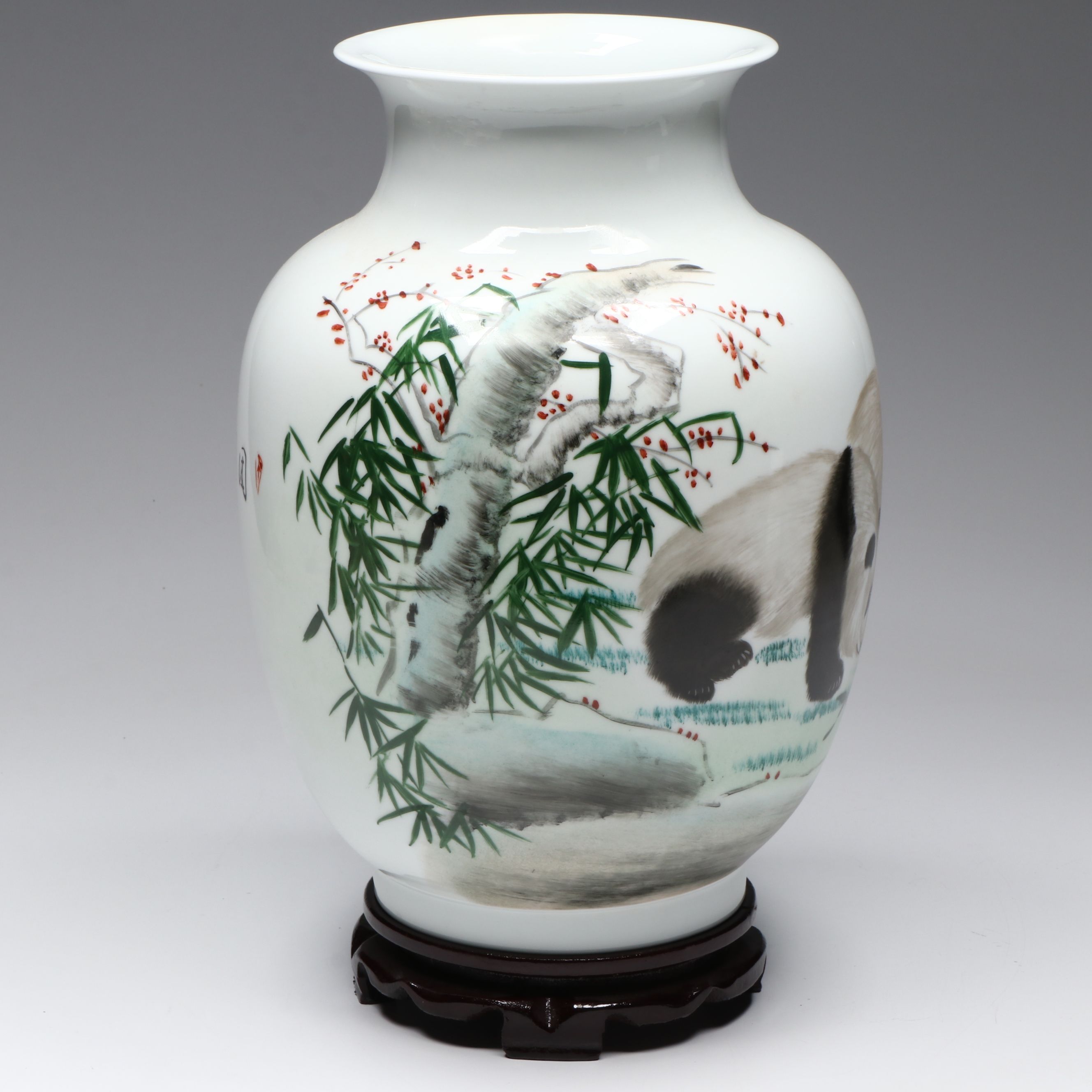 Chinese Porcelain Panda Bear Vase with Wood Stand