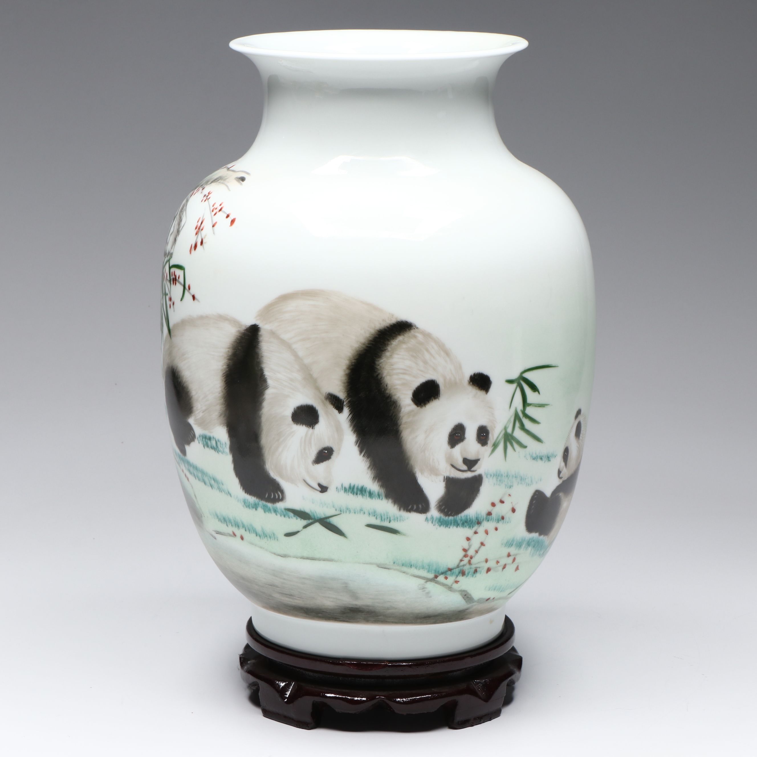 Chinese Porcelain Panda Bear Vase with Wood Stand