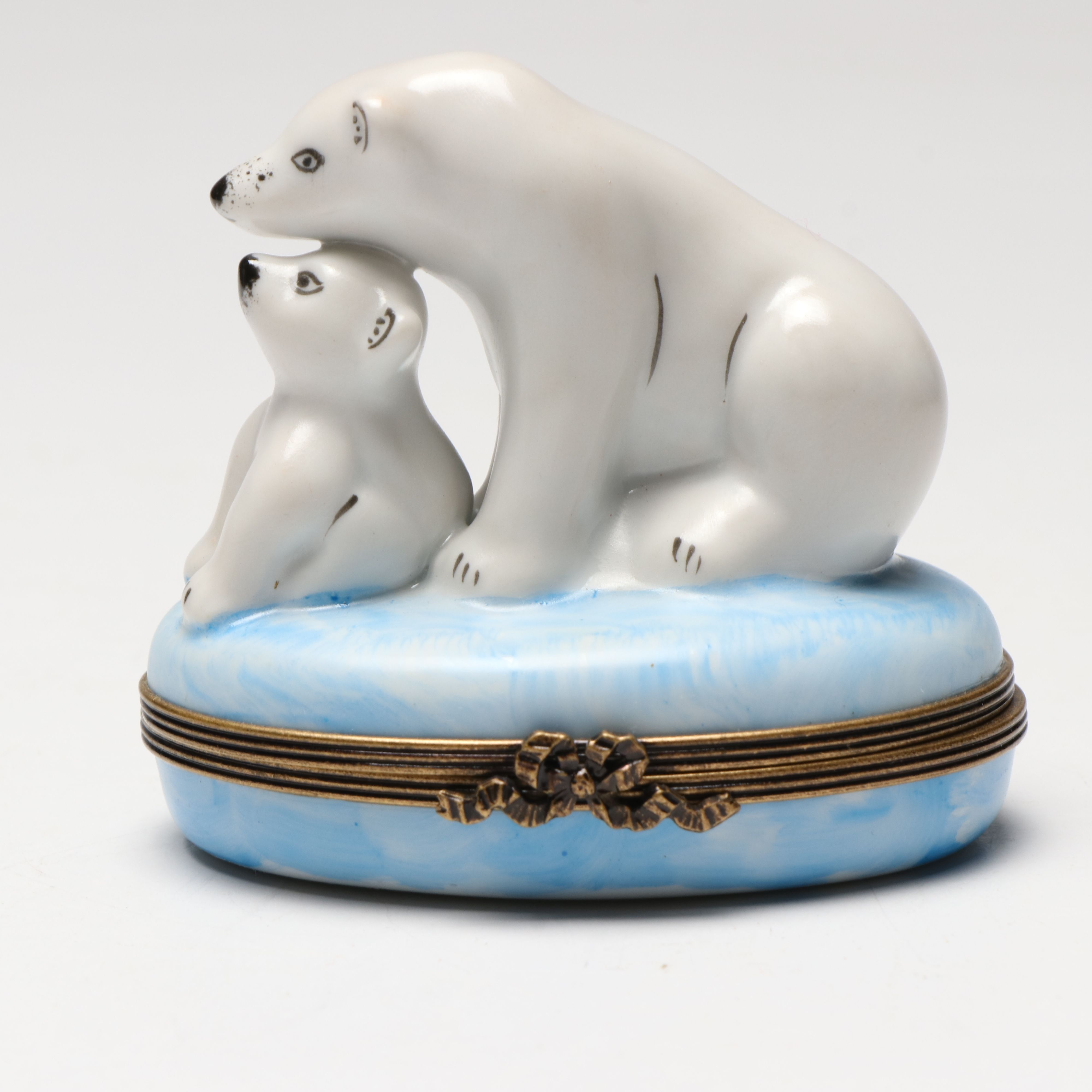 French Hand-Painted Porcelain Polar Bear Mother and Cub Limoges Box