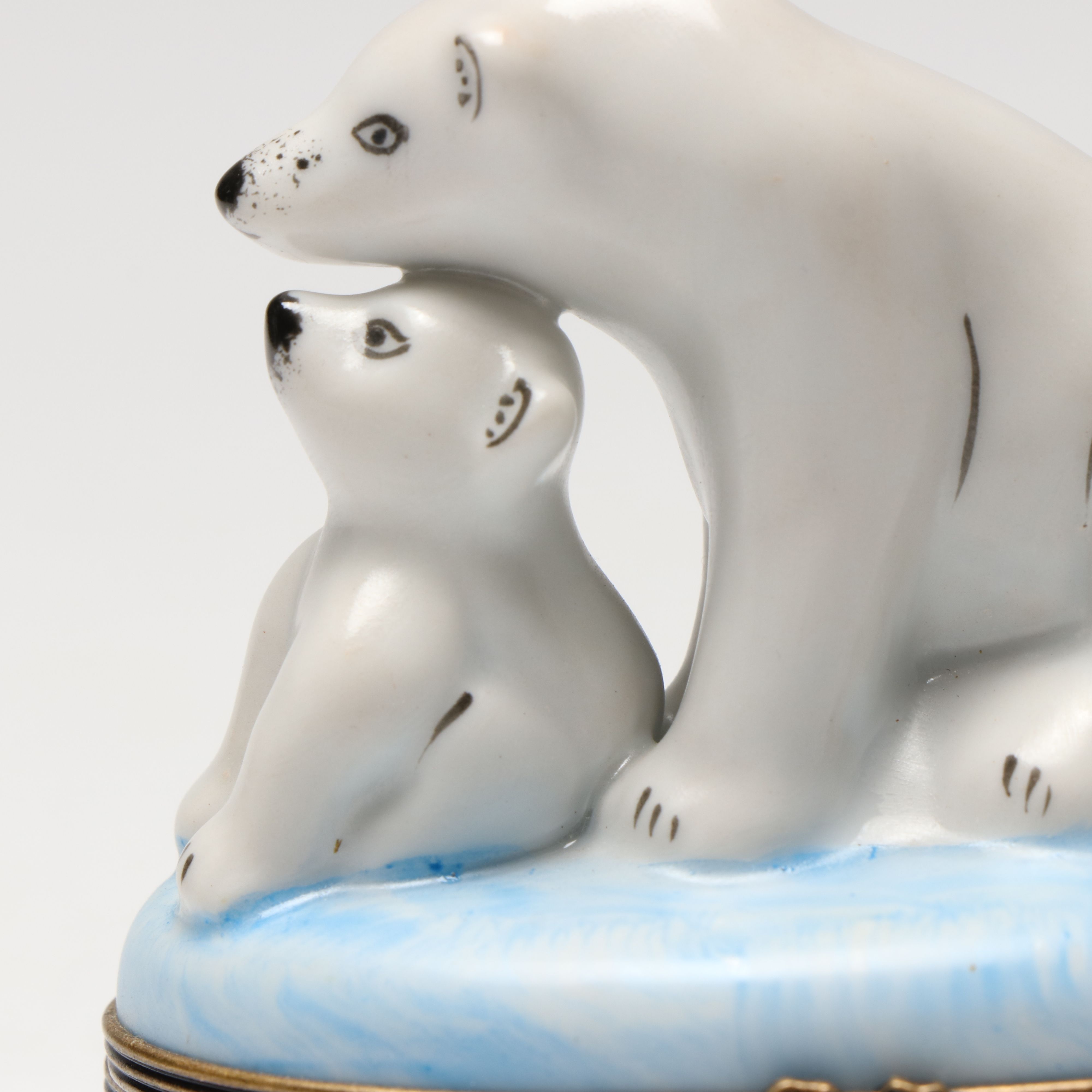 French Hand-Painted Porcelain Polar Bear Mother and Cub Limoges Box