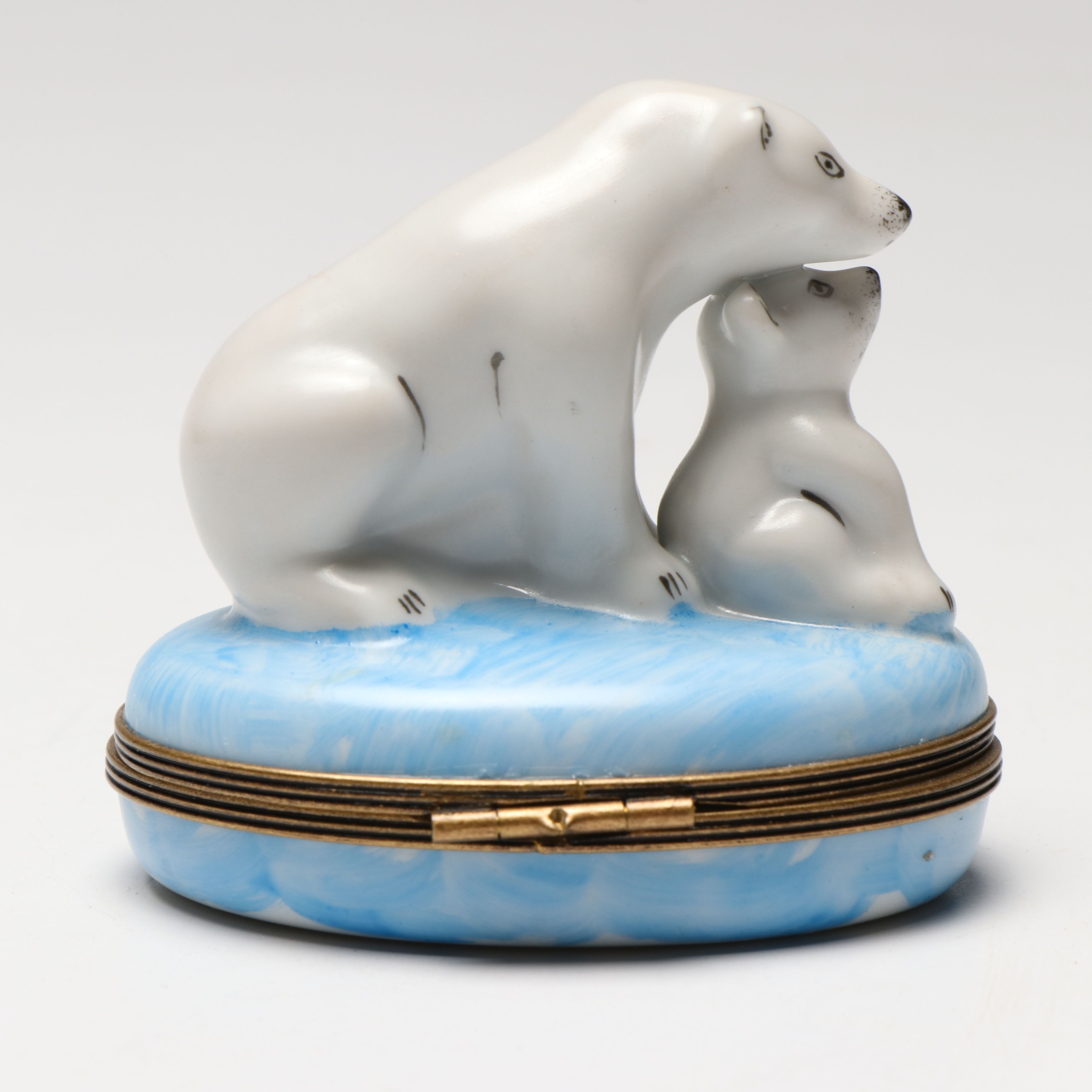 French Hand-Painted Porcelain Polar Bear Mother and Cub Limoges Box