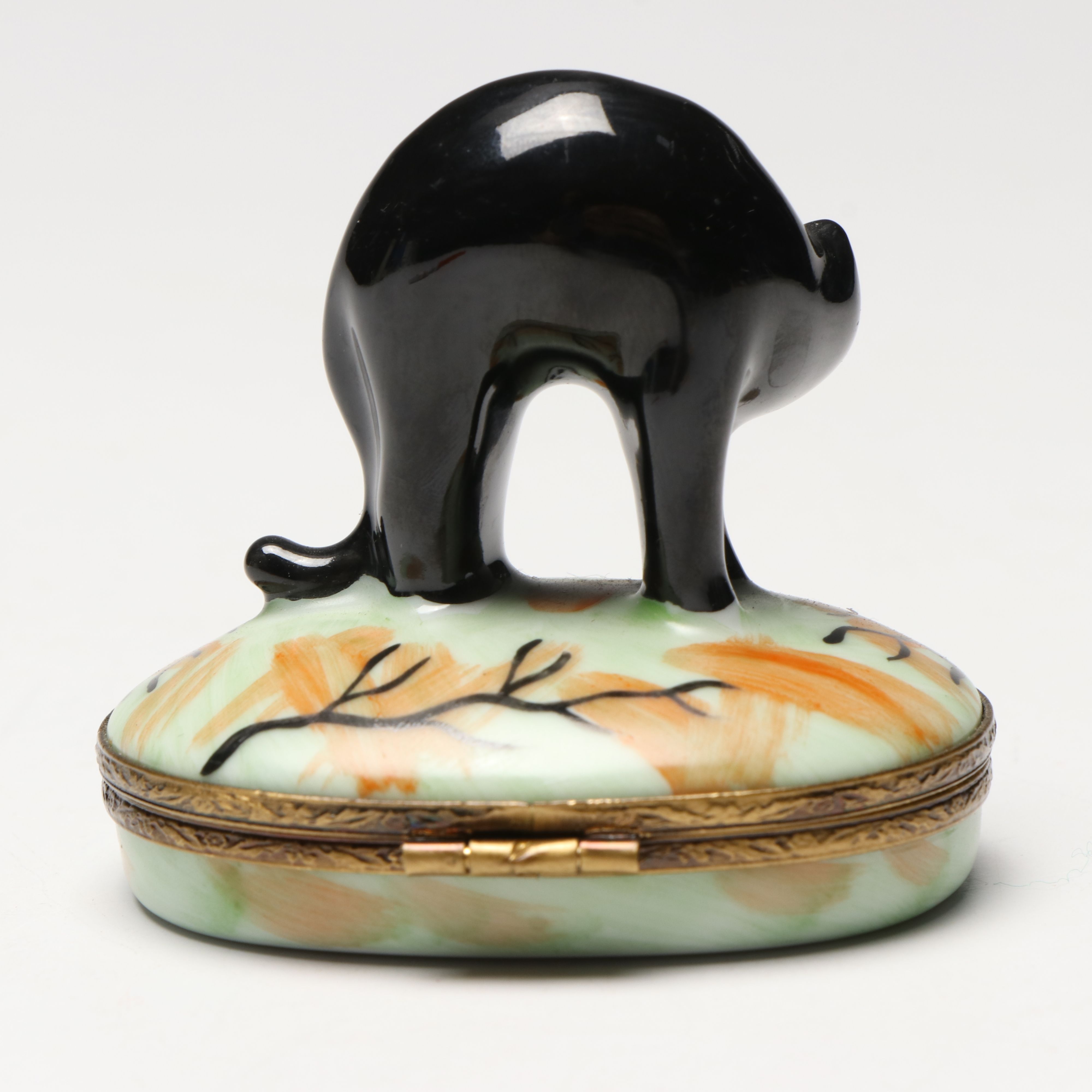 French Hand-Painted Porcelain Halloween Black Cat Limoges Box