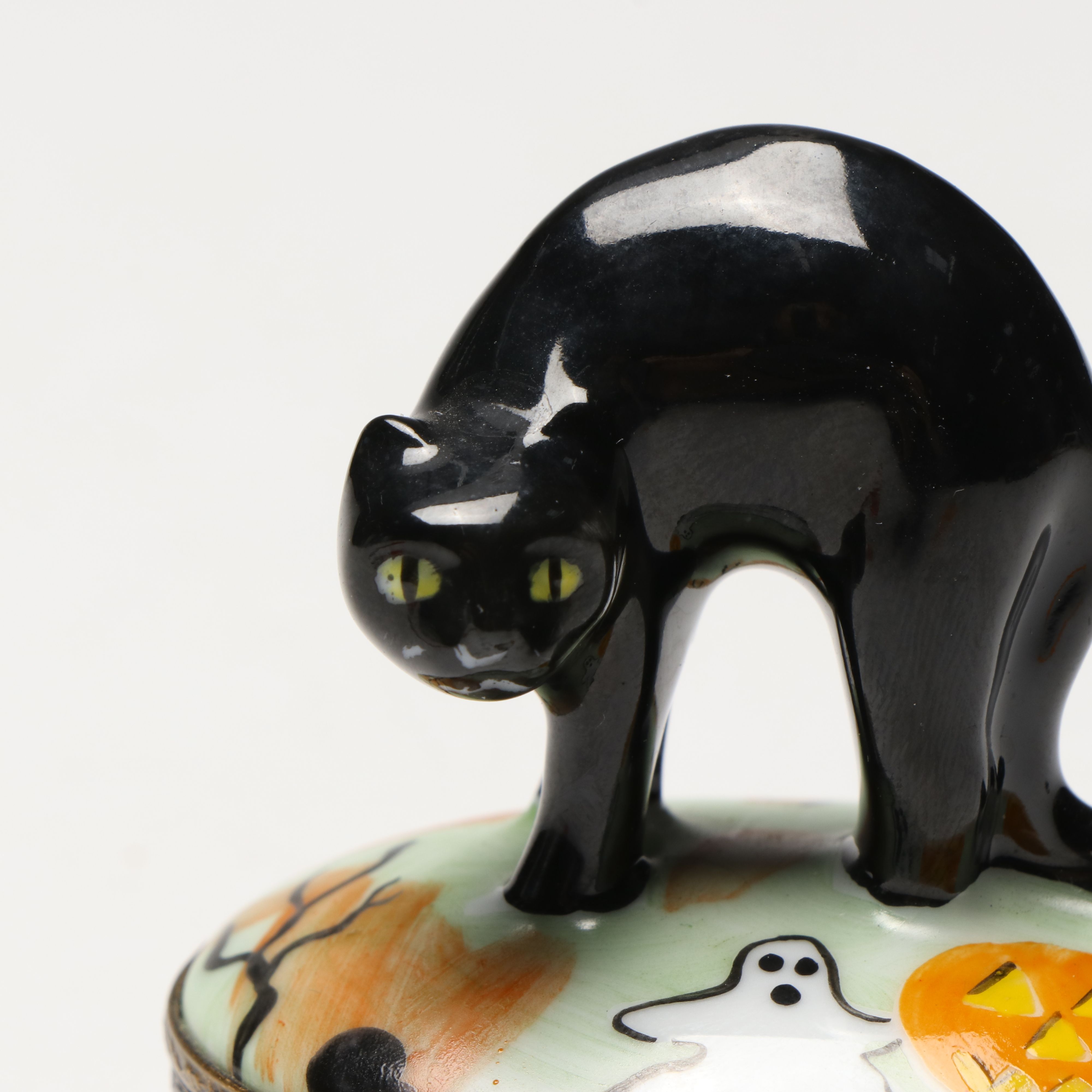 French Hand-Painted Porcelain Halloween Black Cat Limoges Box