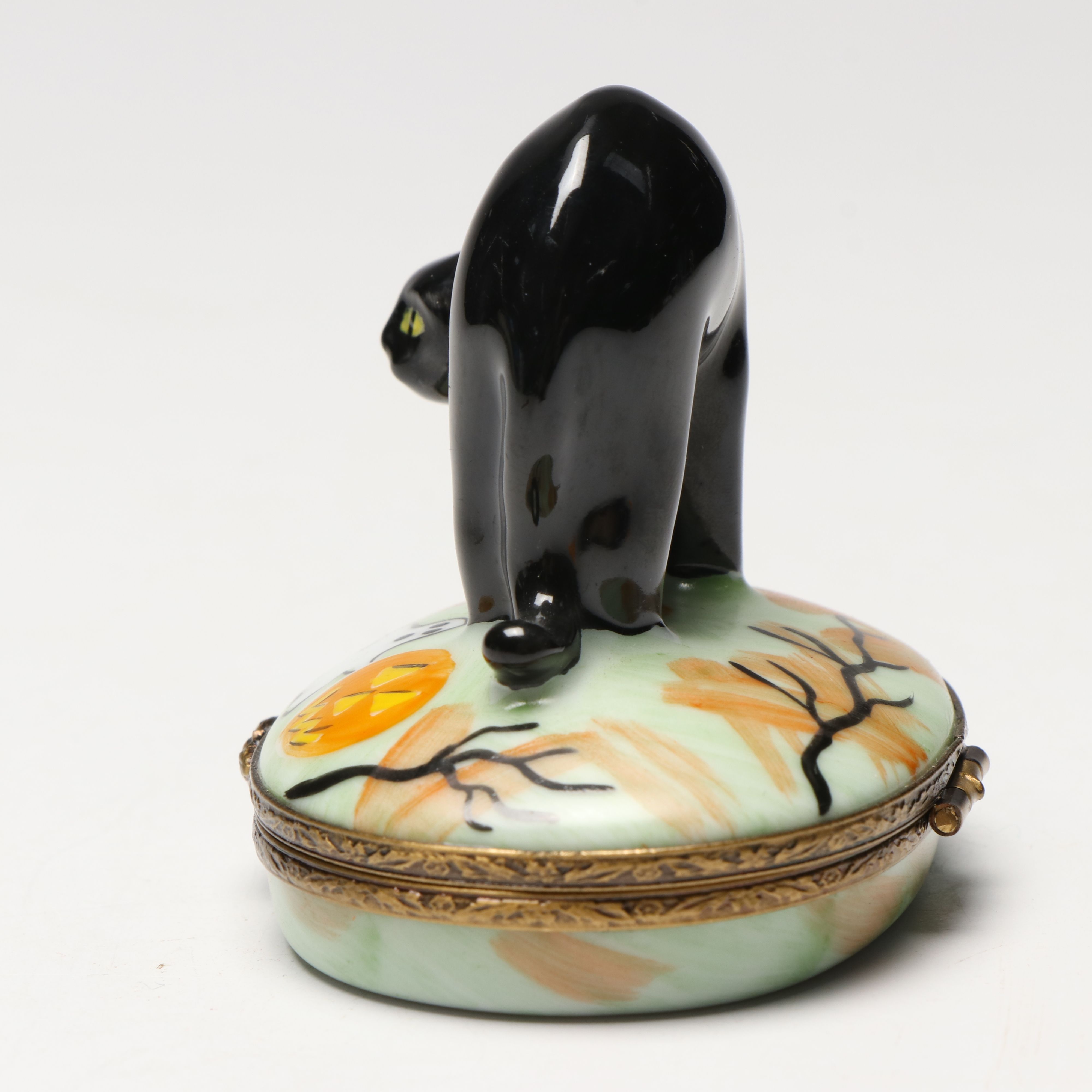 French Hand-Painted Porcelain Halloween Black Cat Limoges Box