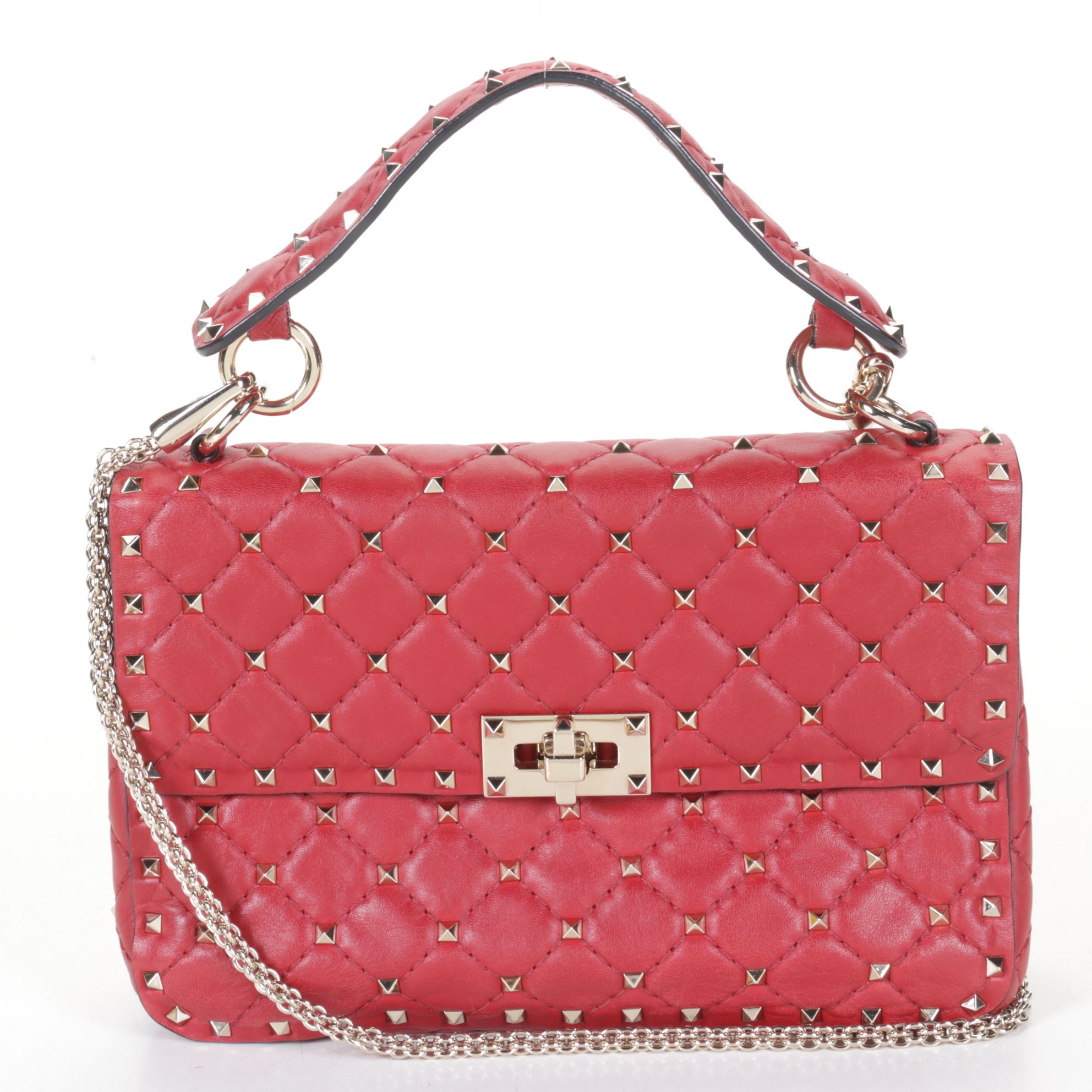 Valentino Garavani Rockstud Spike Quilted Red Leather Two-Way Shoulder Bag