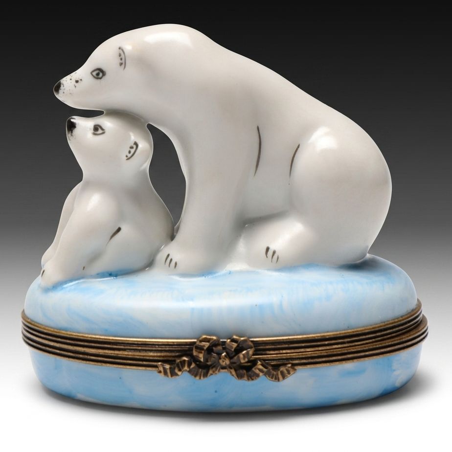 French Hand-Painted Porcelain Polar Bear Mother and Cub Limoges Box