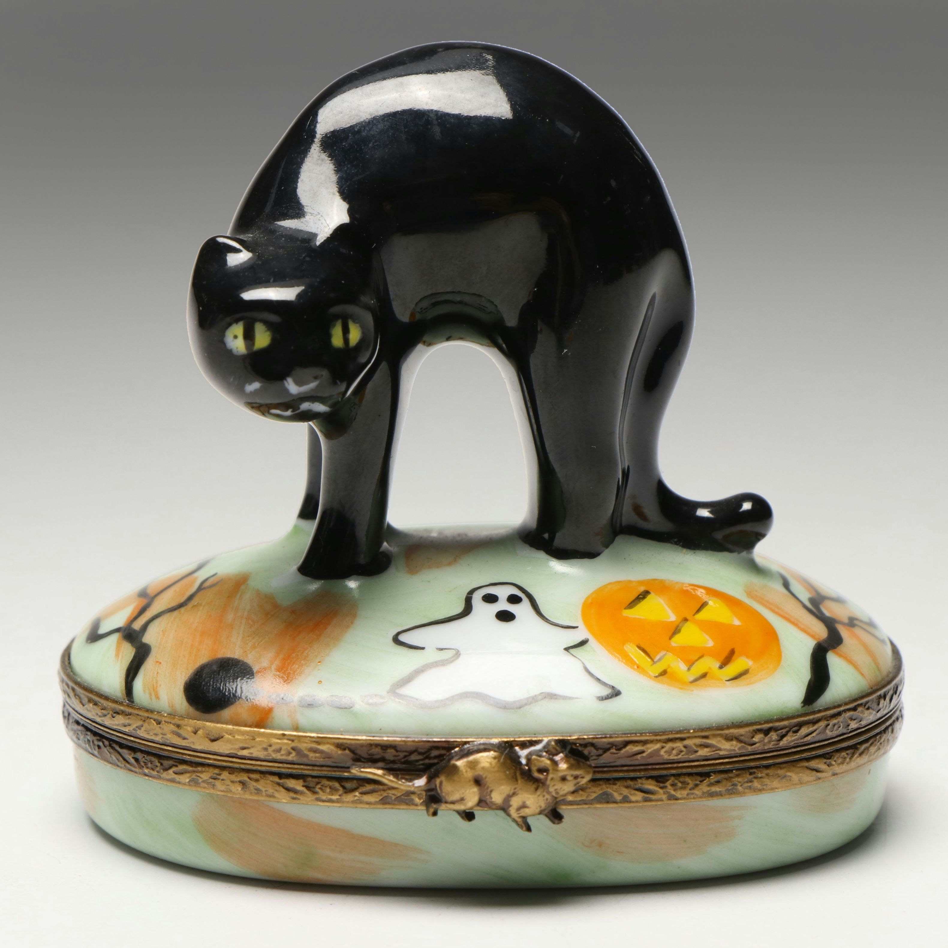 French Hand-Painted Porcelain Halloween Black Cat Limoges Box