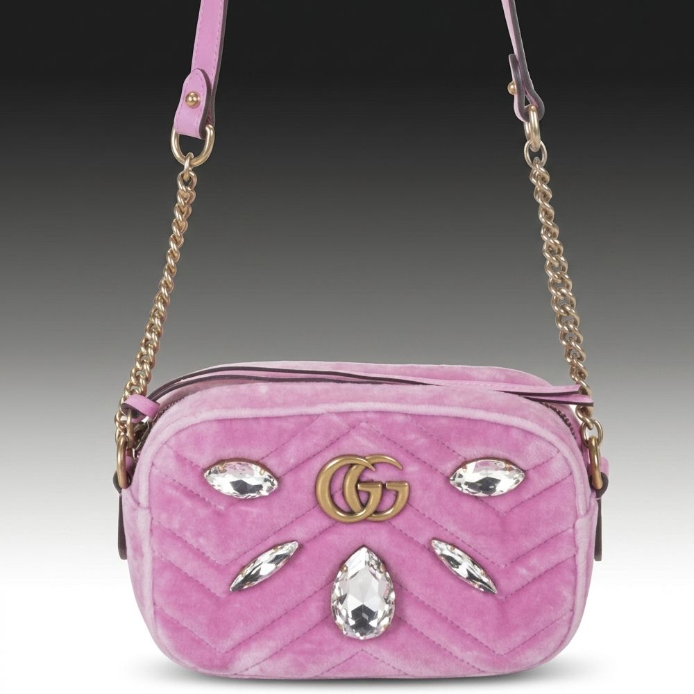 Gucci GG Marmont Crossbody Bag in Embellished Pink Matelassé Velvet & Leather