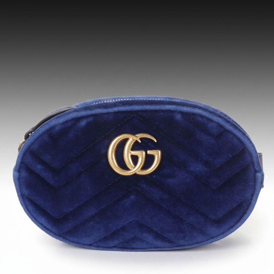 Gucci GG Marmont Belt Bag in Royal Blue Chevron Velvet and Leather