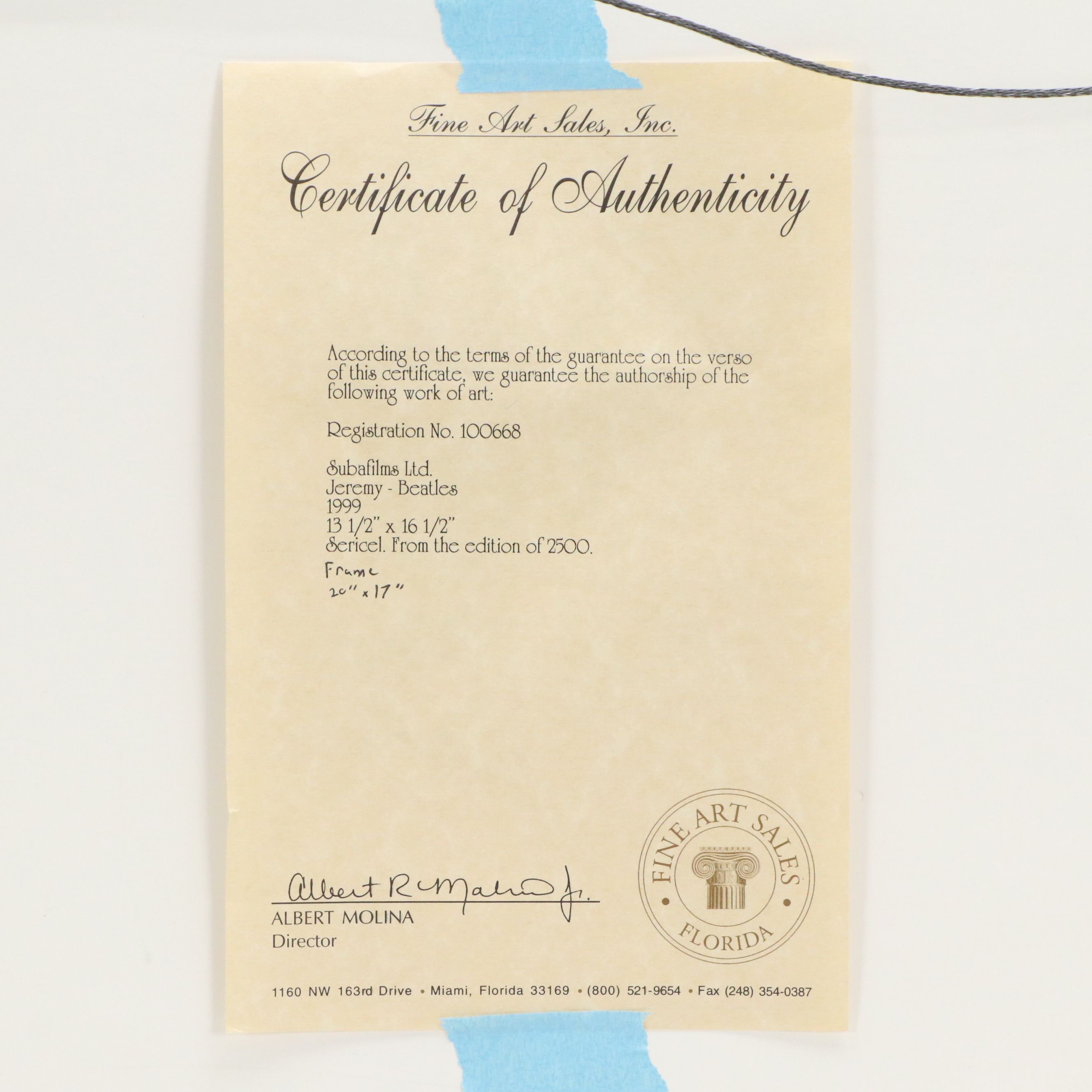 Subafilms Sericel "Jeremy - Beatles," from "Yellow Submarine," 1999