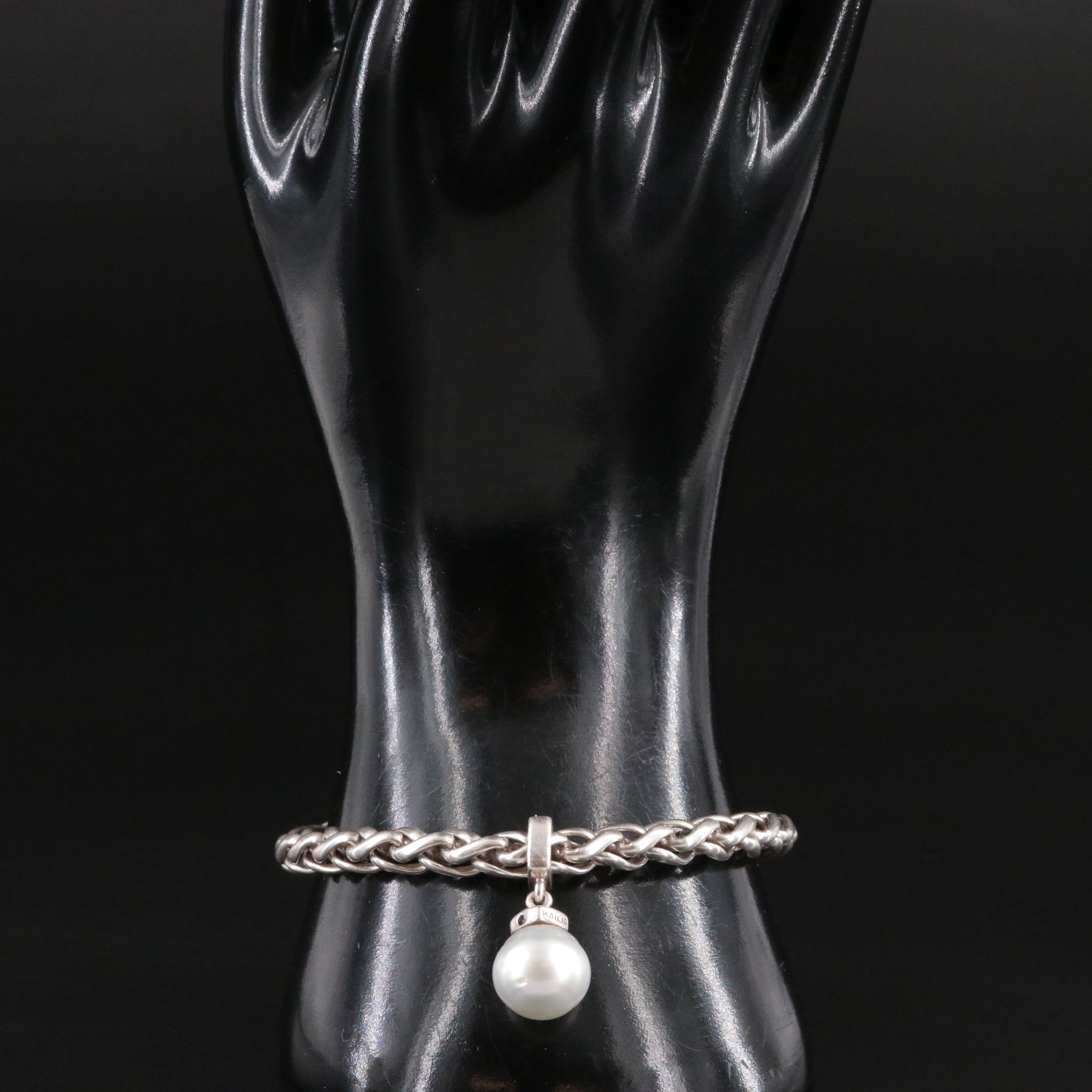 Kailis Sterling Geometric Wheat Sliding Pearl Charm Bracelet