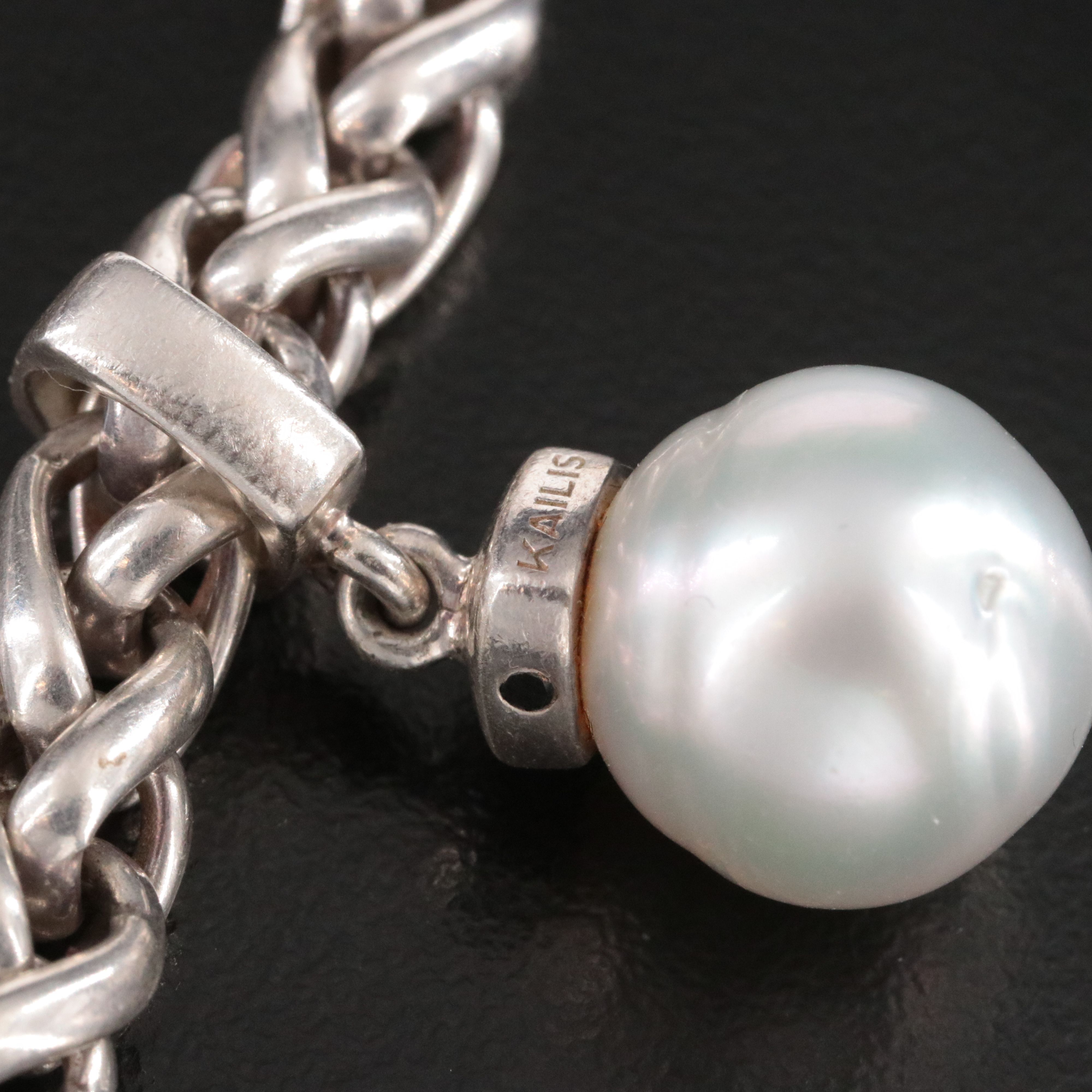 Kailis Sterling Geometric Wheat Sliding Pearl Charm Bracelet