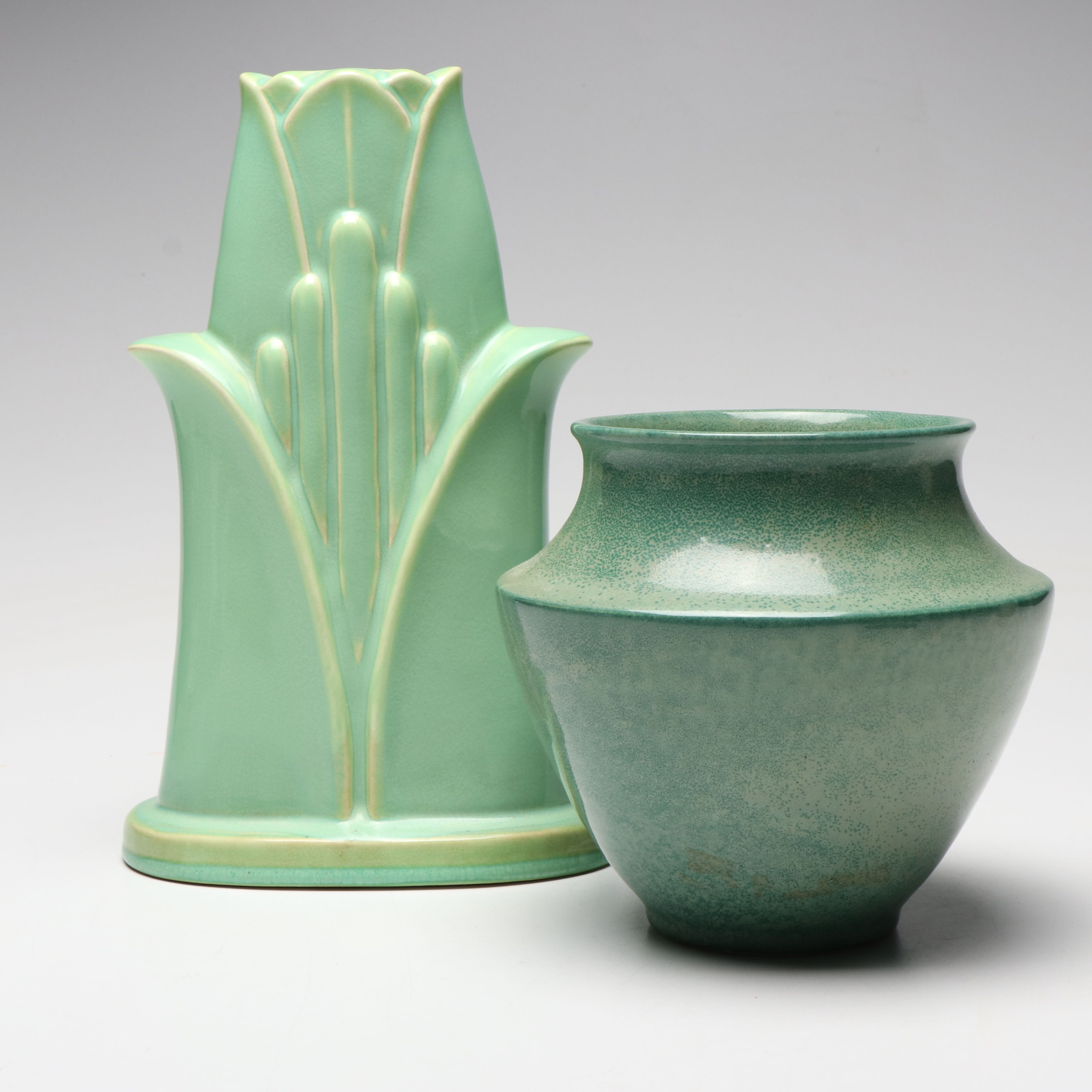 Cowan Pottery Crackle Glaze Vase with Other Green Ceramic Vase