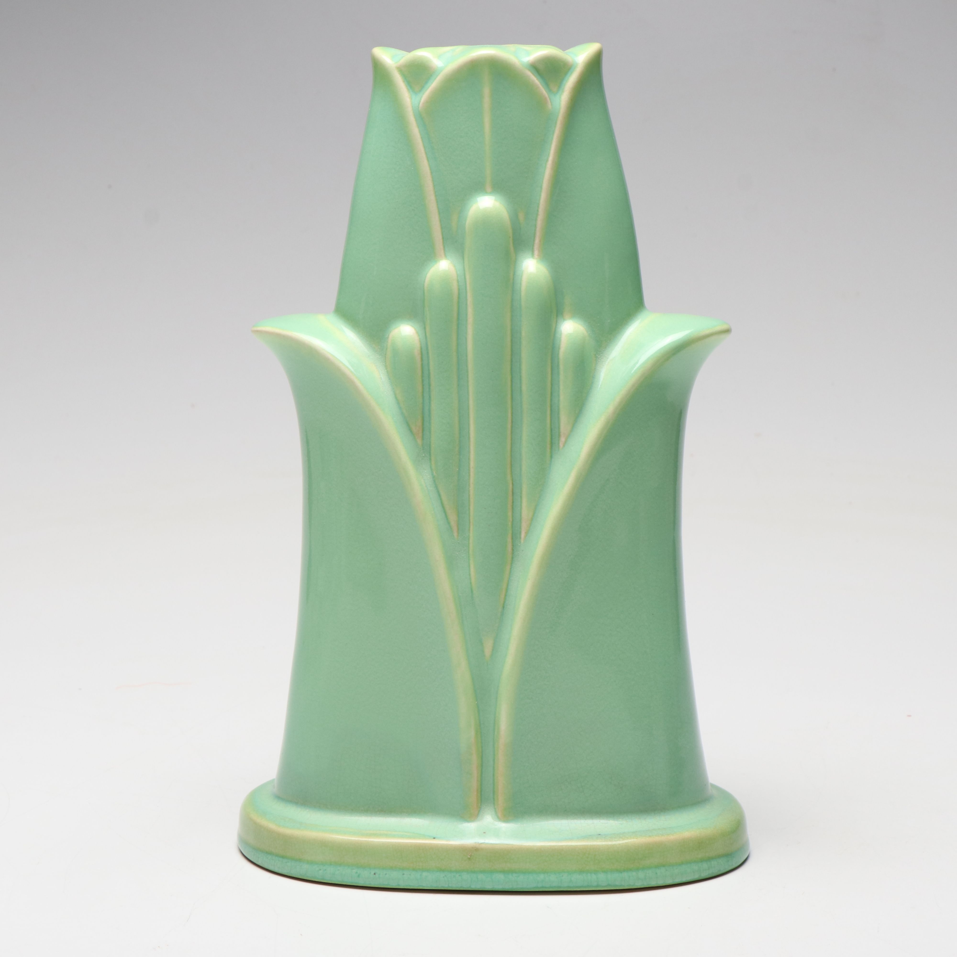 Cowan Pottery Crackle Glaze Vase with Other Green Ceramic Vase