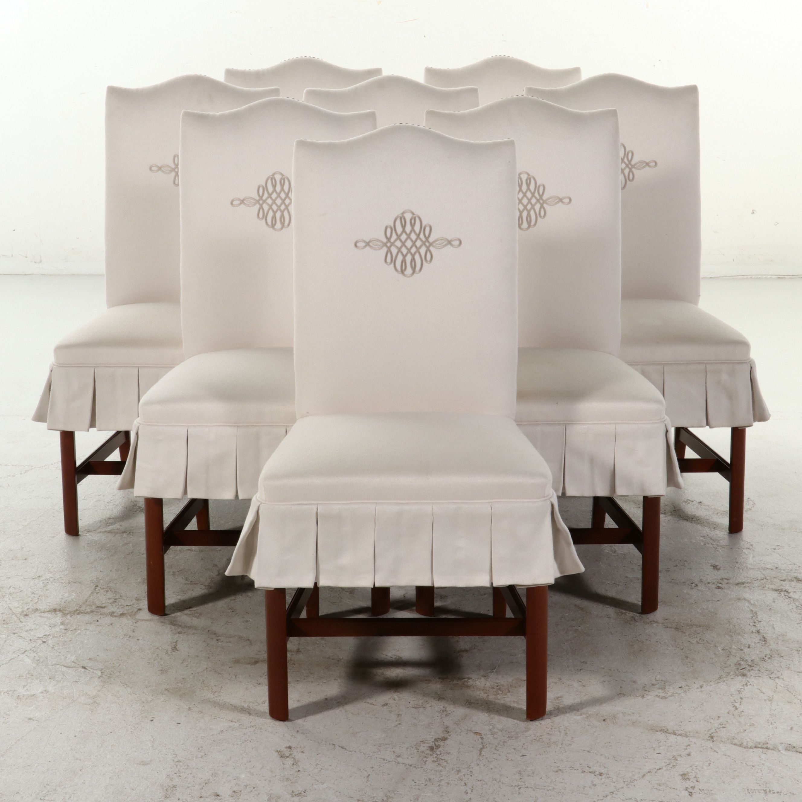 Set of Eight Hickory Chair Co. Upholstered Dining Chairs with Embroidery