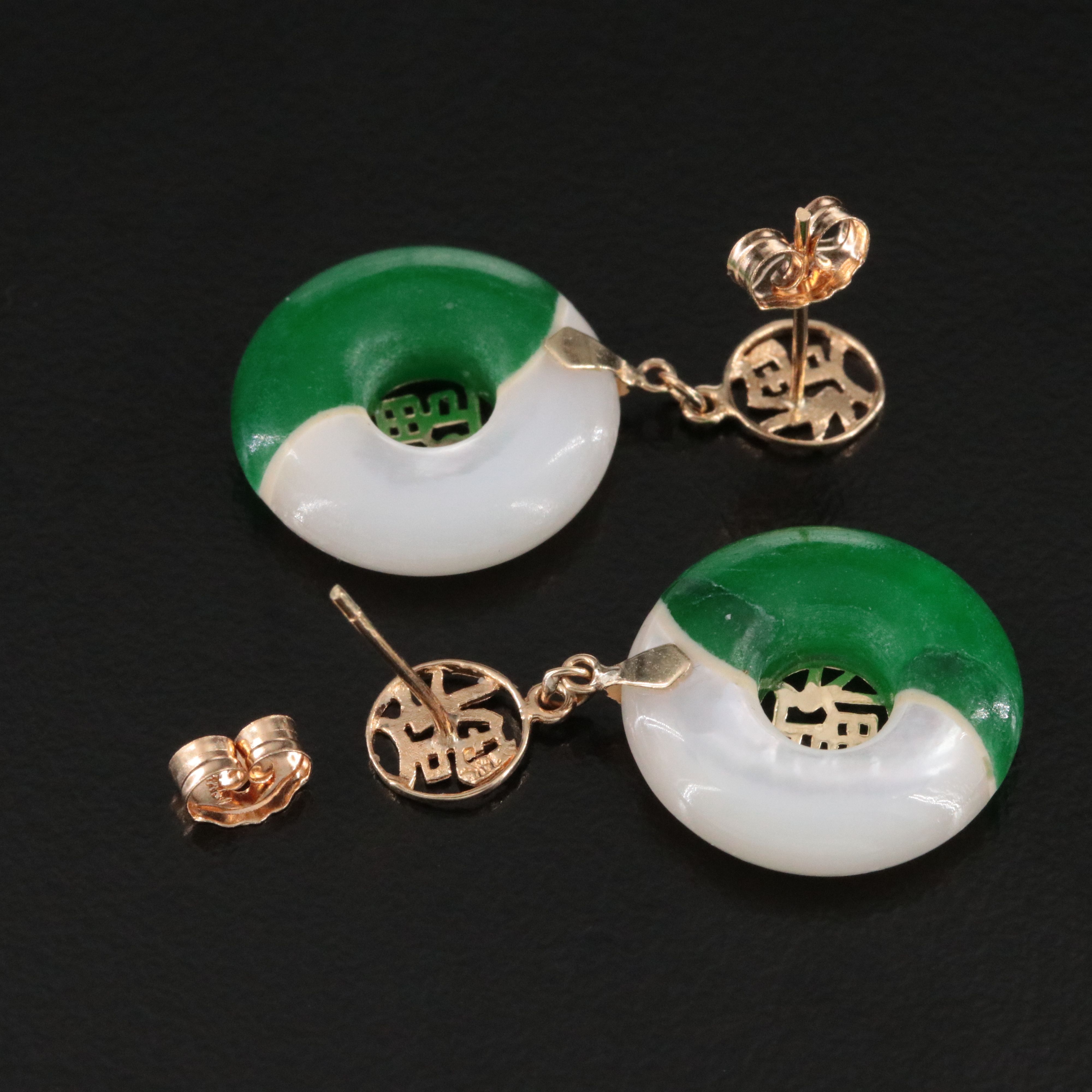 14K Mother of Pearl and Jadeite Dangle Earrings