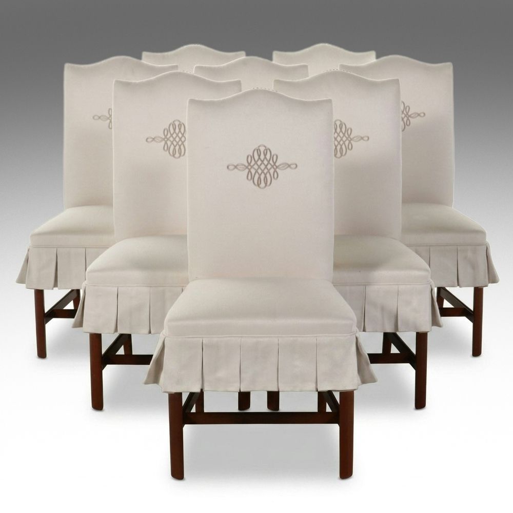Set of Eight Hickory Chair Co. Upholstered Dining Chairs with Embroidery