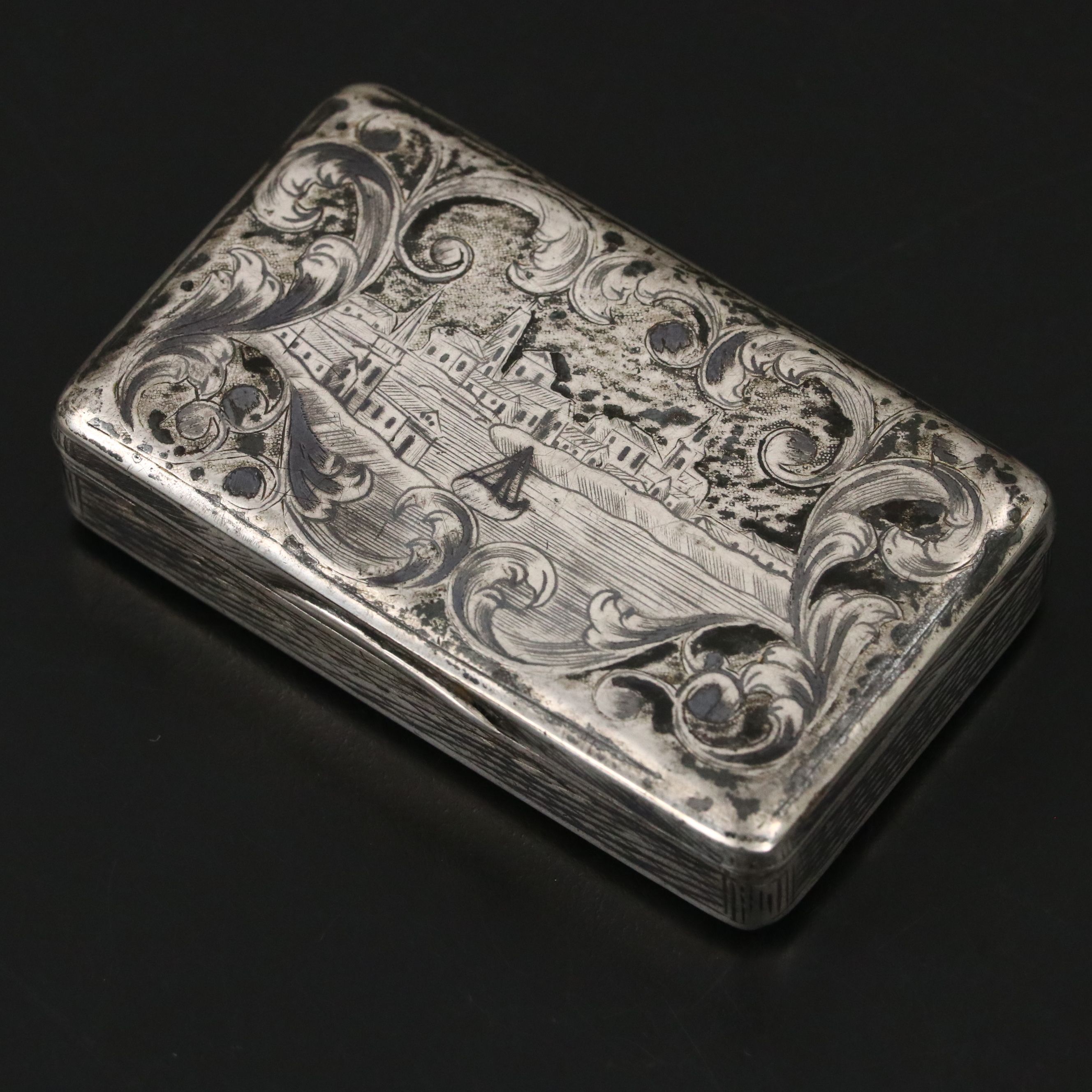 Russian 875 Silver Etched Scenic Snuff Box, Early to Mid-19th Century