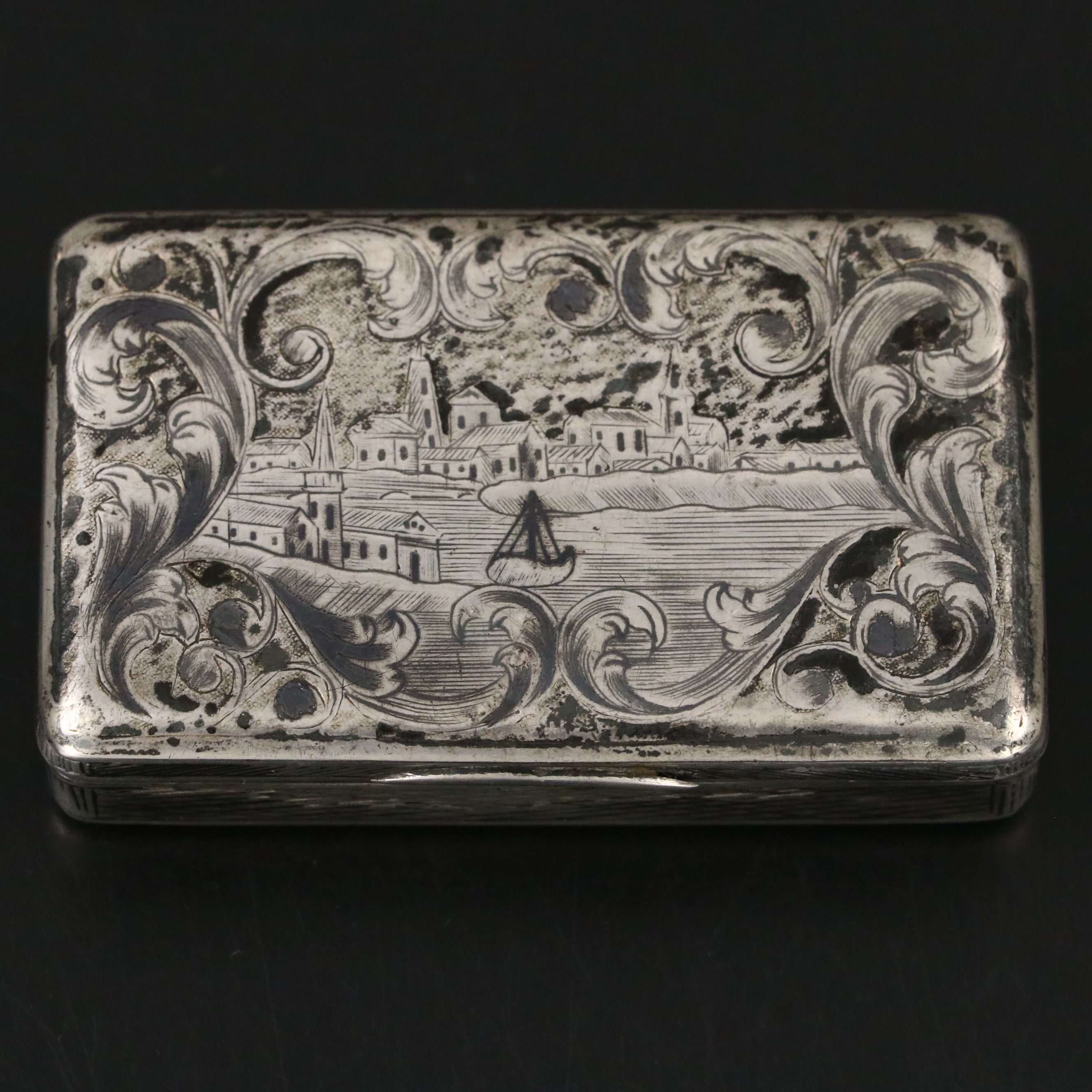 Russian 875 Silver Etched Scenic Snuff Box, Early to Mid-19th Century