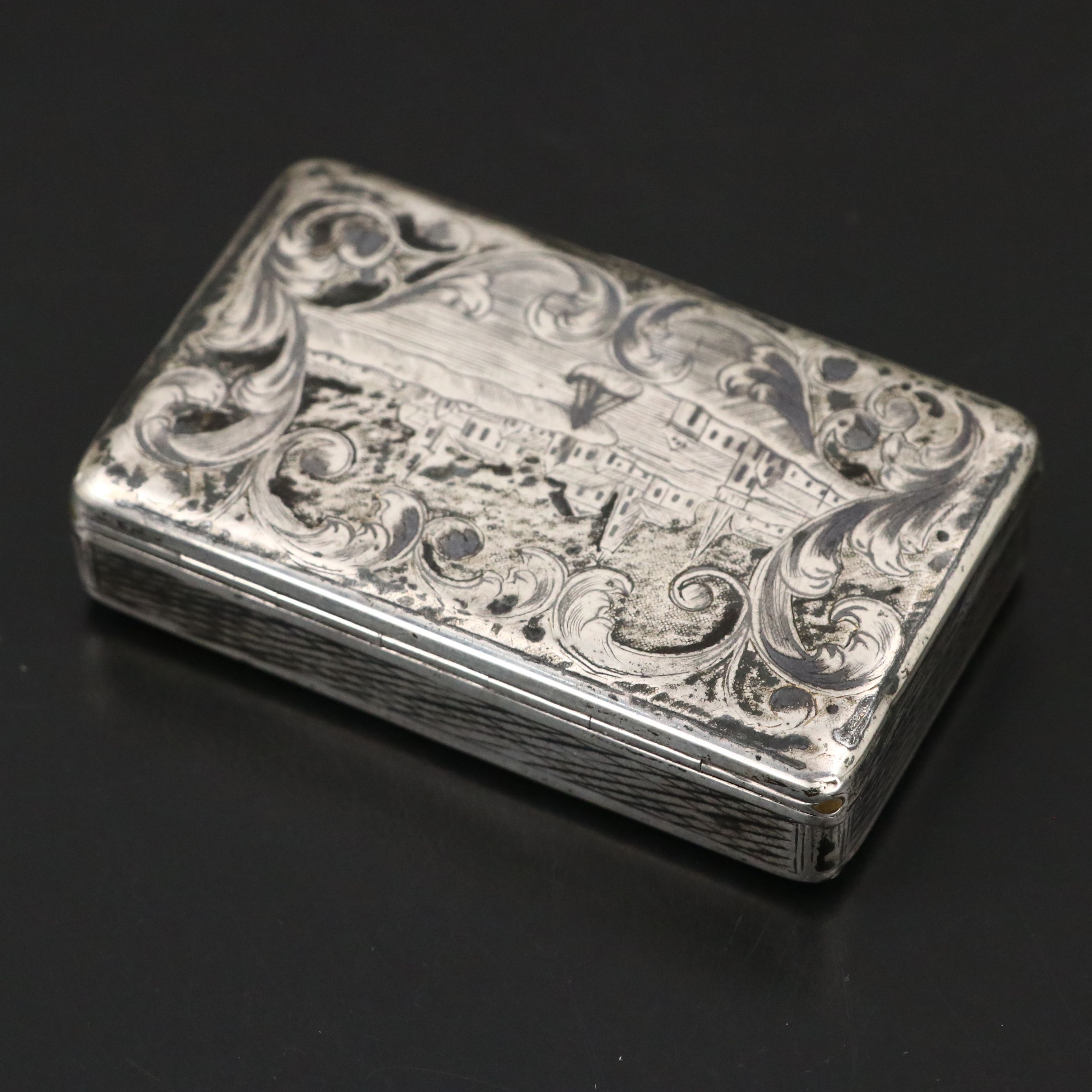 Russian 875 Silver Etched Scenic Snuff Box, Early to Mid-19th Century