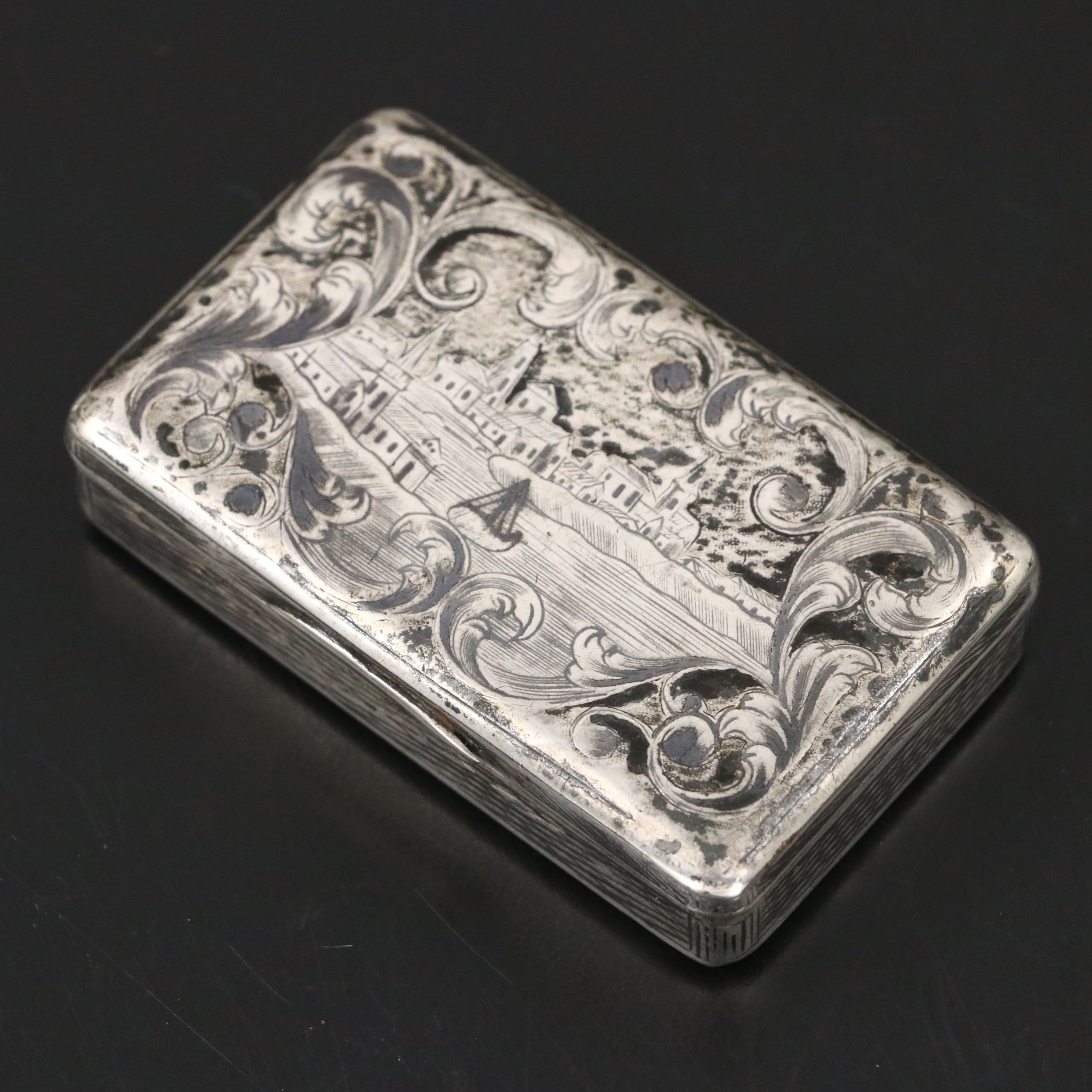 Russian 875 Silver Etched Scenic Snuff Box, Early to Mid-19th Century