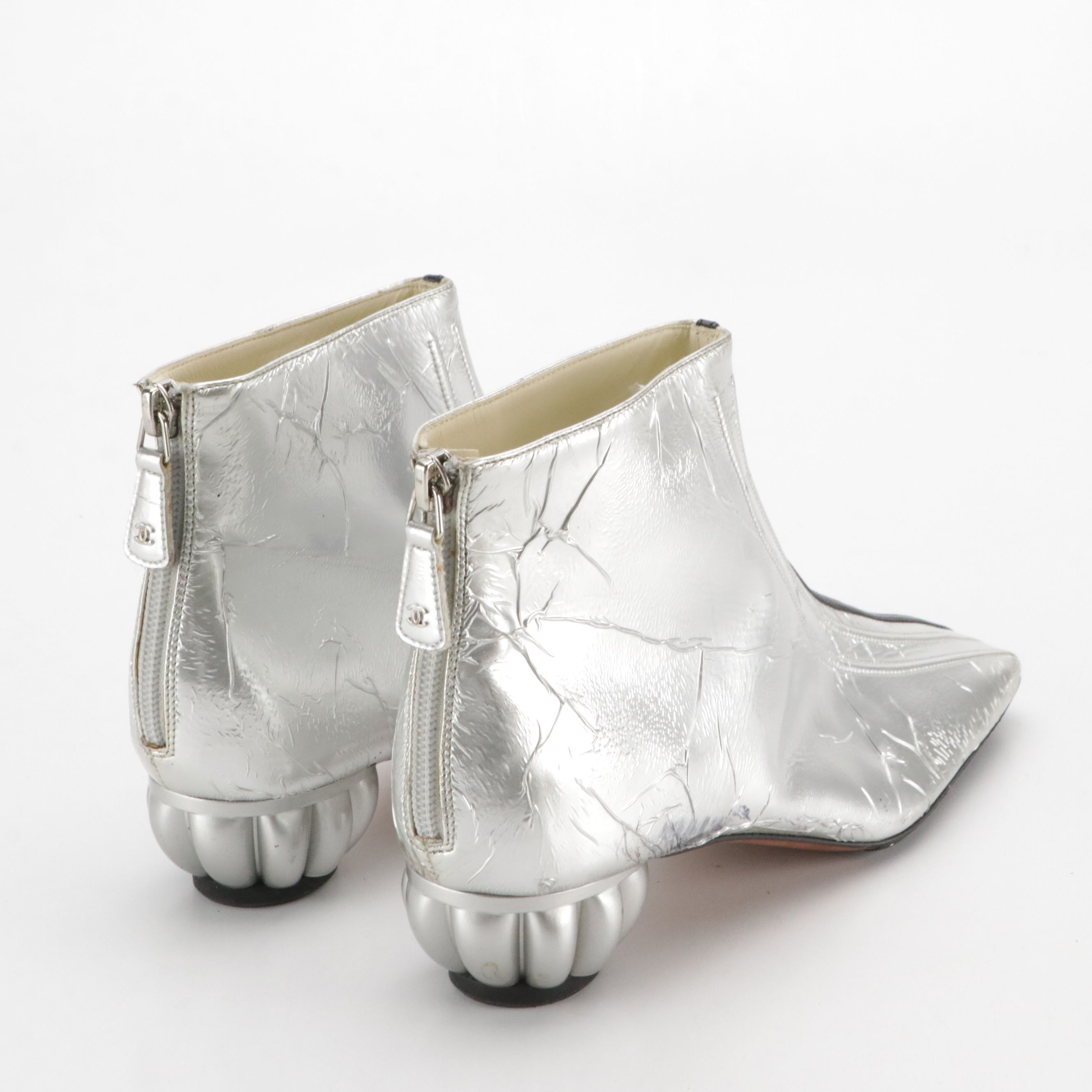 Chanel Silver Metallic Leather Ankle Boots with Sculpted Heel