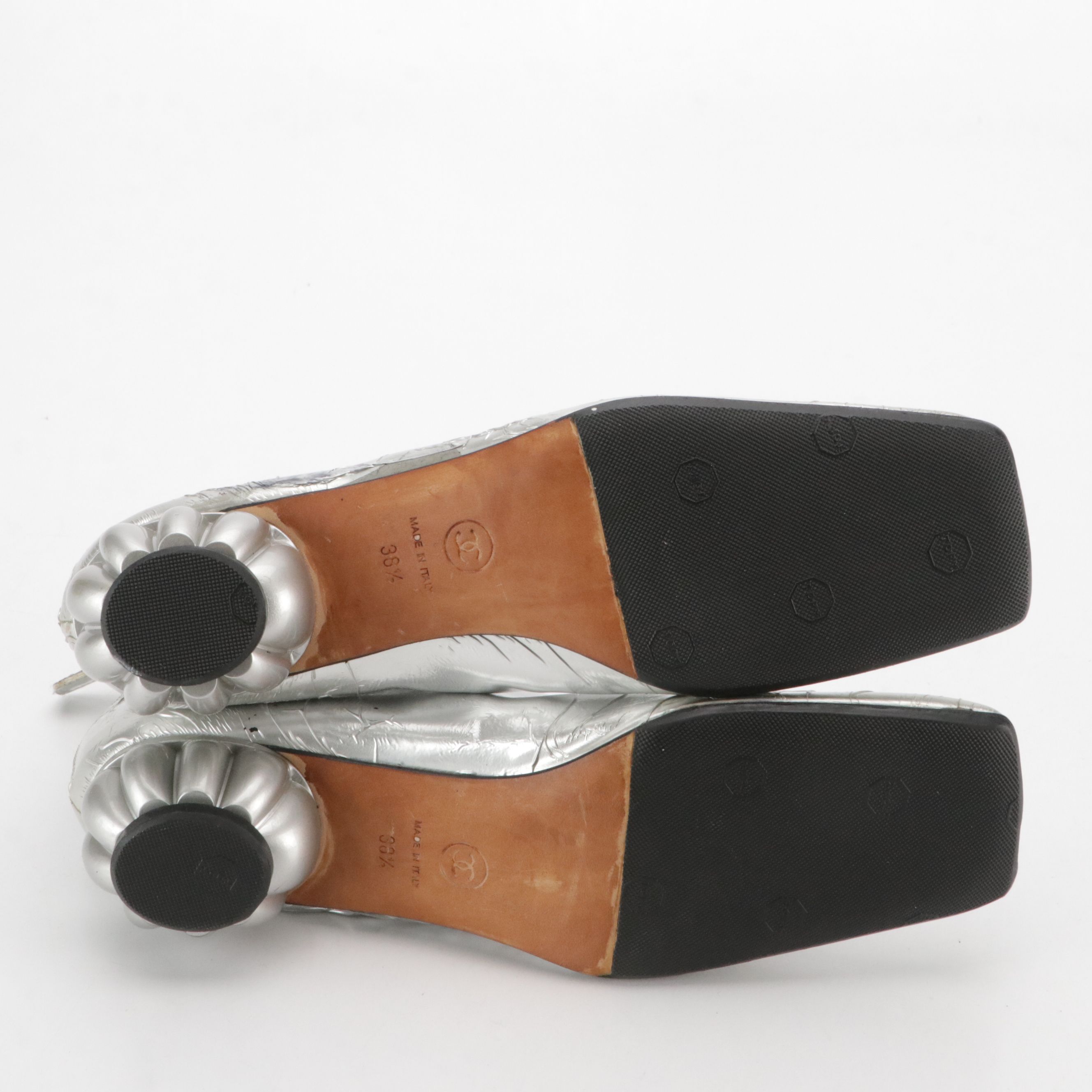 Chanel Silver Metallic Leather Ankle Boots with Sculpted Heel