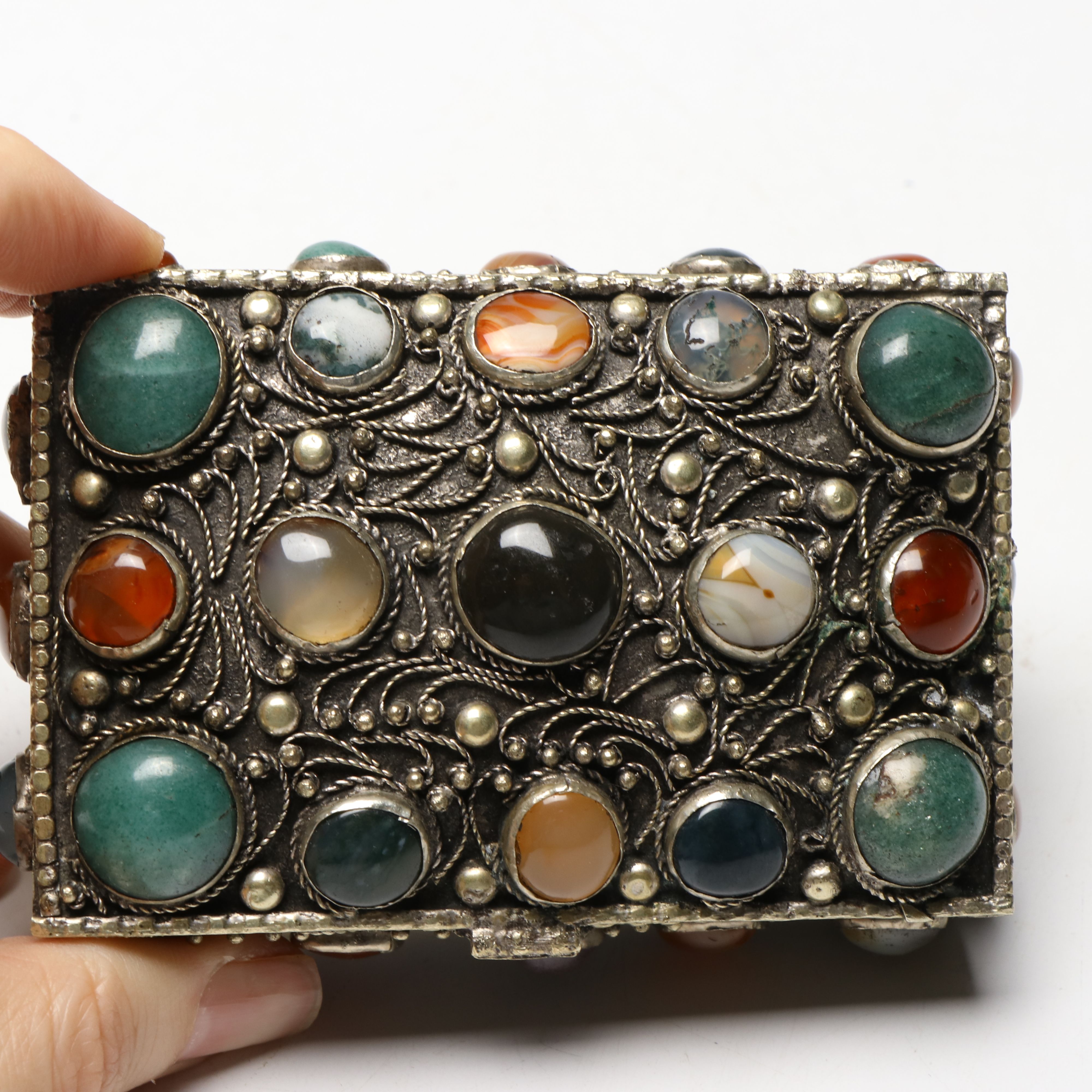 Indian Ornate Metal Box with Glass Bead Inlays