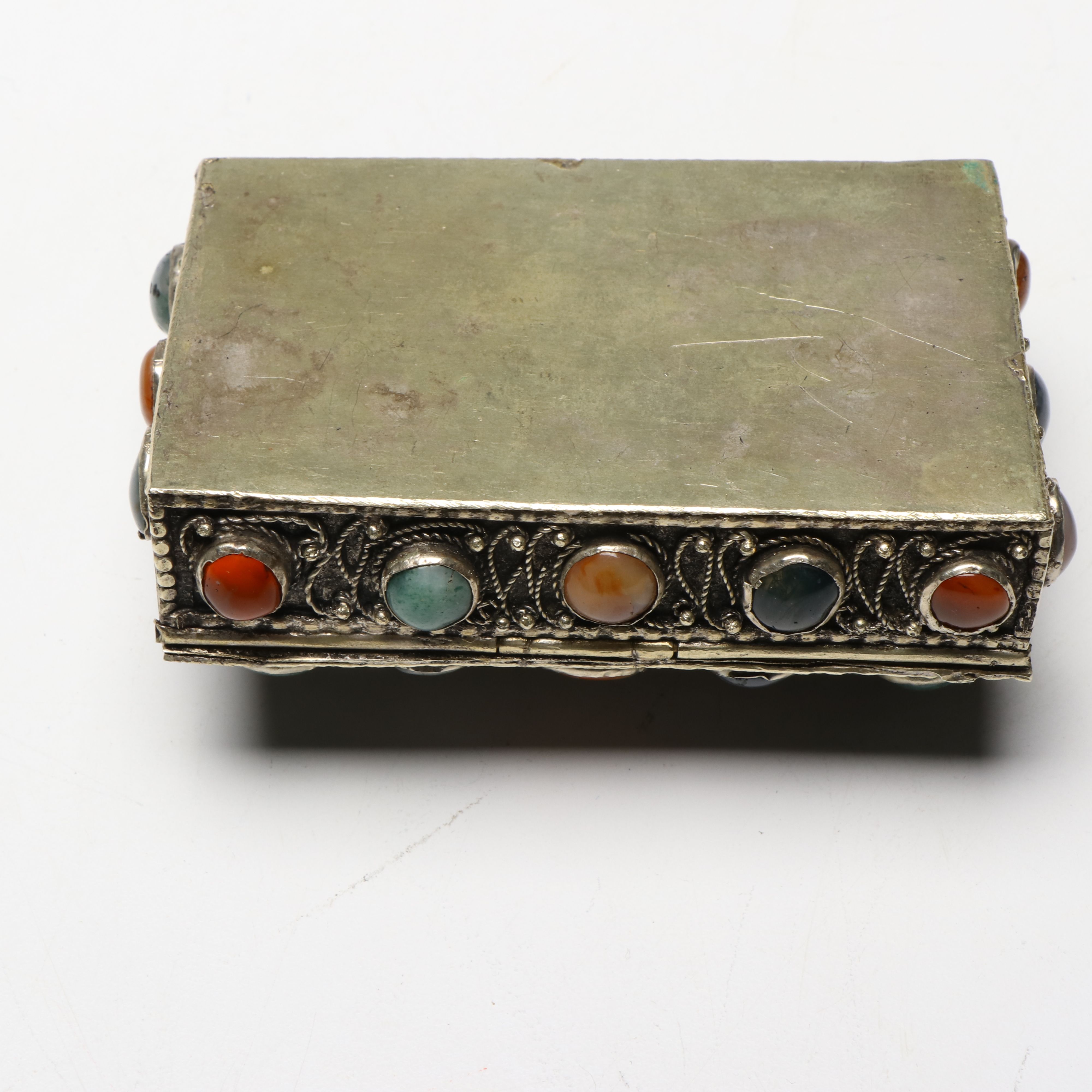 Indian Ornate Metal Box with Glass Bead Inlays