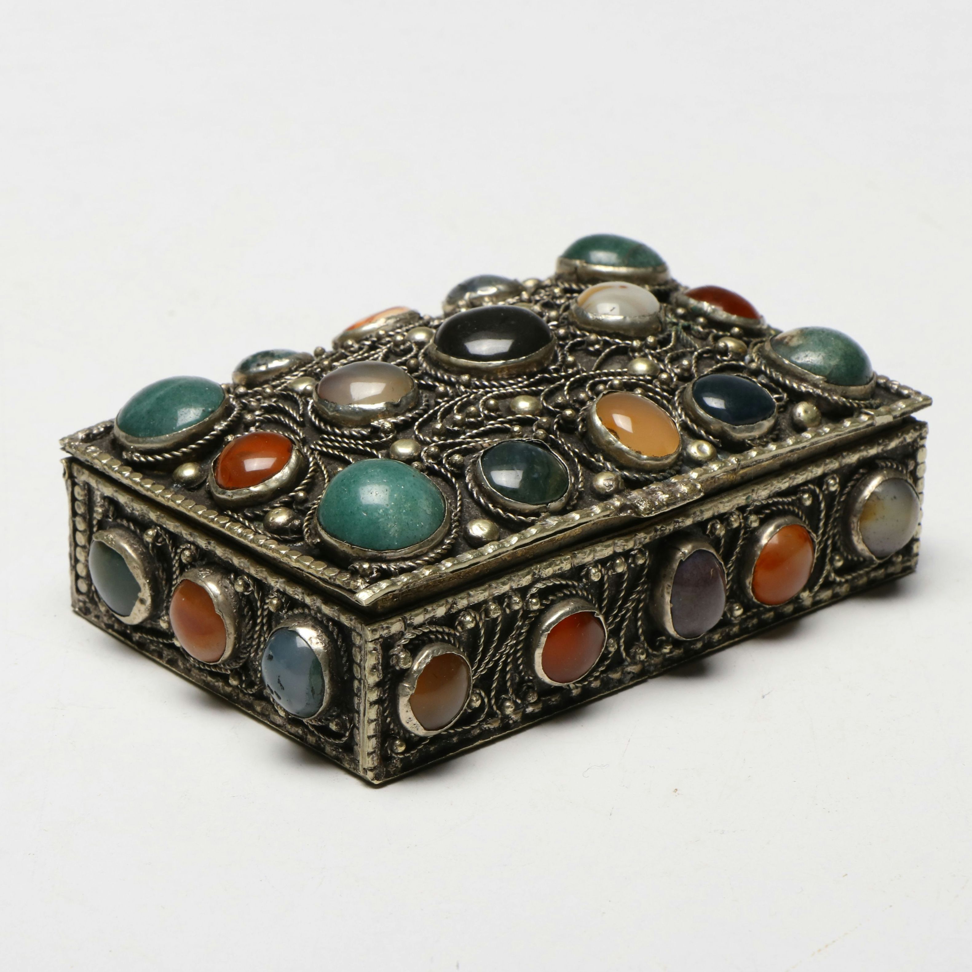 Indian Ornate Metal Box with Glass Bead Inlays