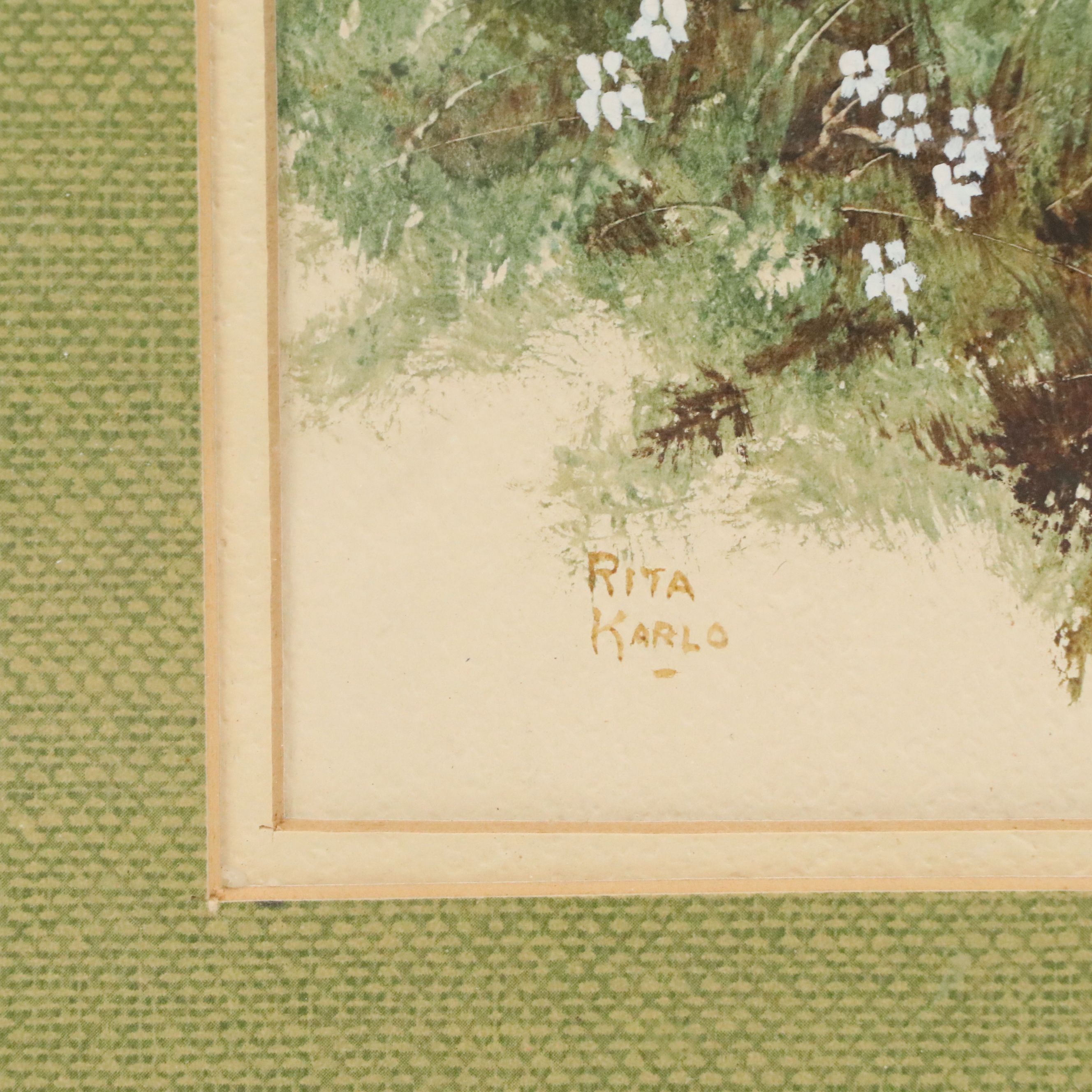 Rita Karlo Watercolor Painting of Wildflowers and Fallen Log, Mid to Late 20th C