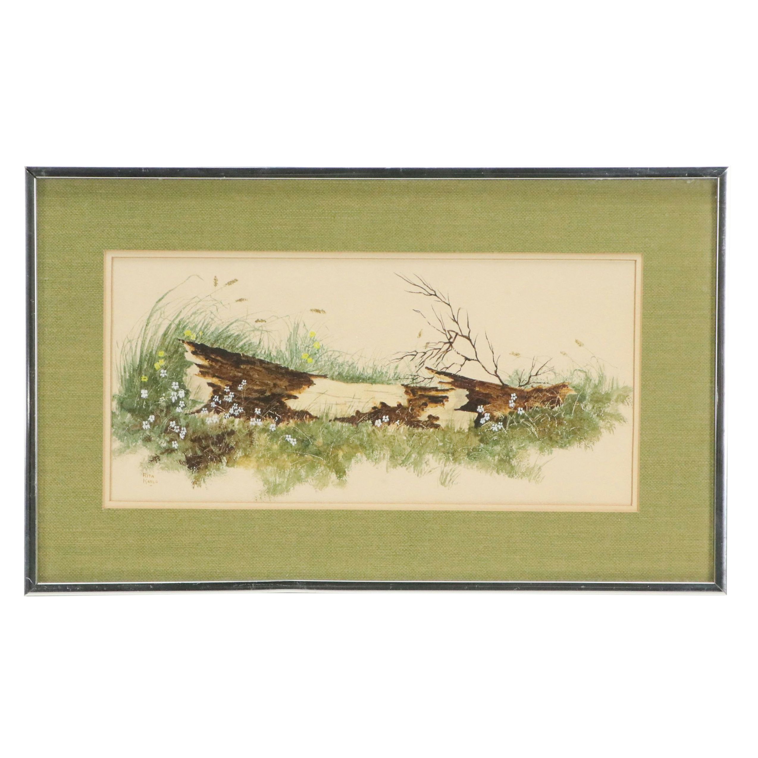 Rita Karlo Watercolor Painting of Wildflowers and Fallen Log, Mid to Late 20th C