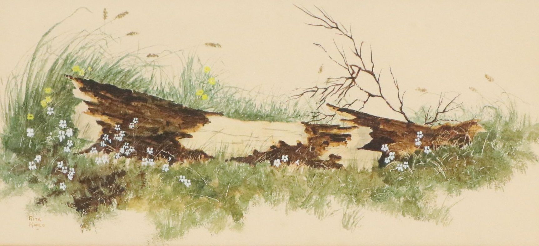 Rita Karlo Watercolor Painting of Wildflowers and Fallen Log, Mid to Late 20th C