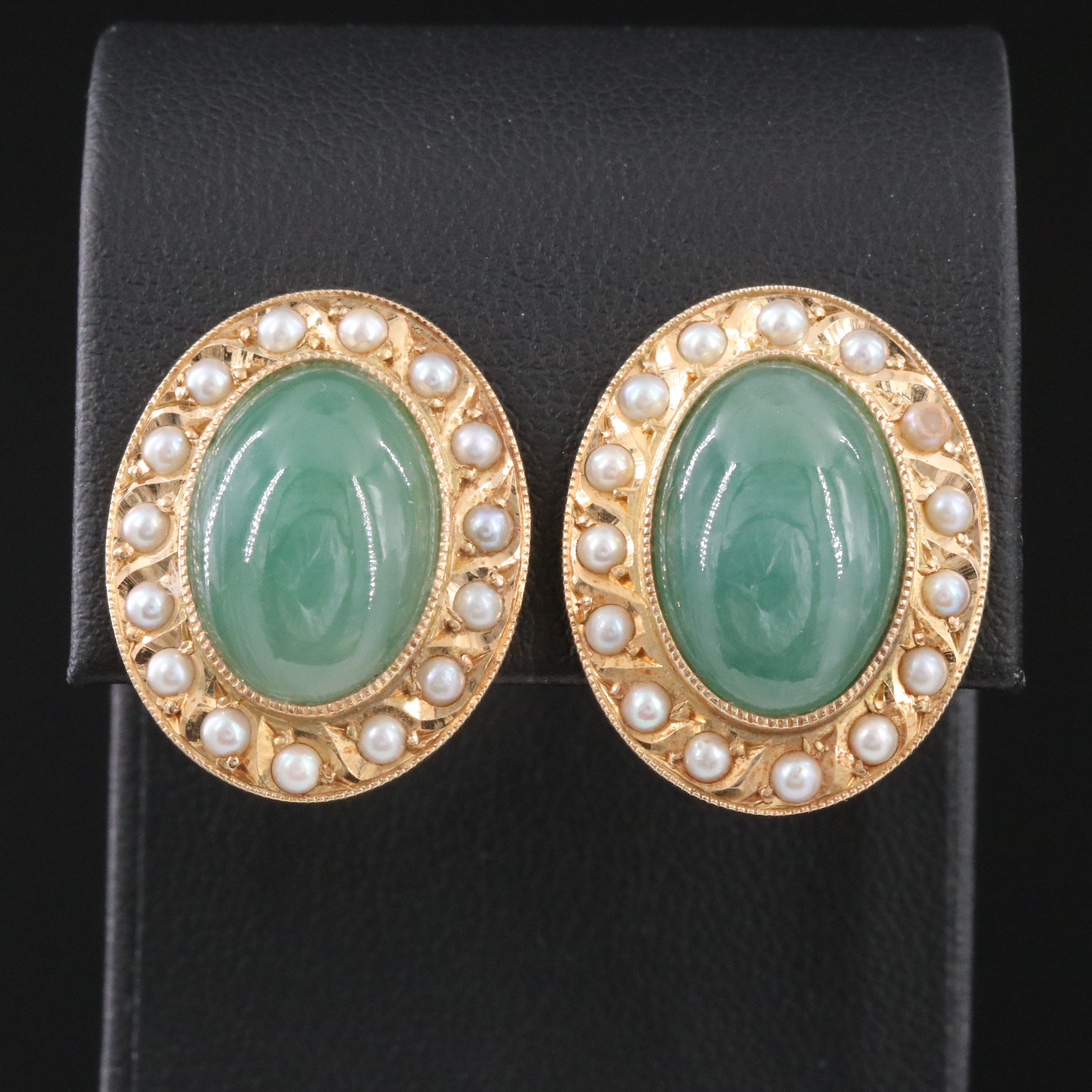 Vintage 14K Jadeite and Seed Pearl Earrings