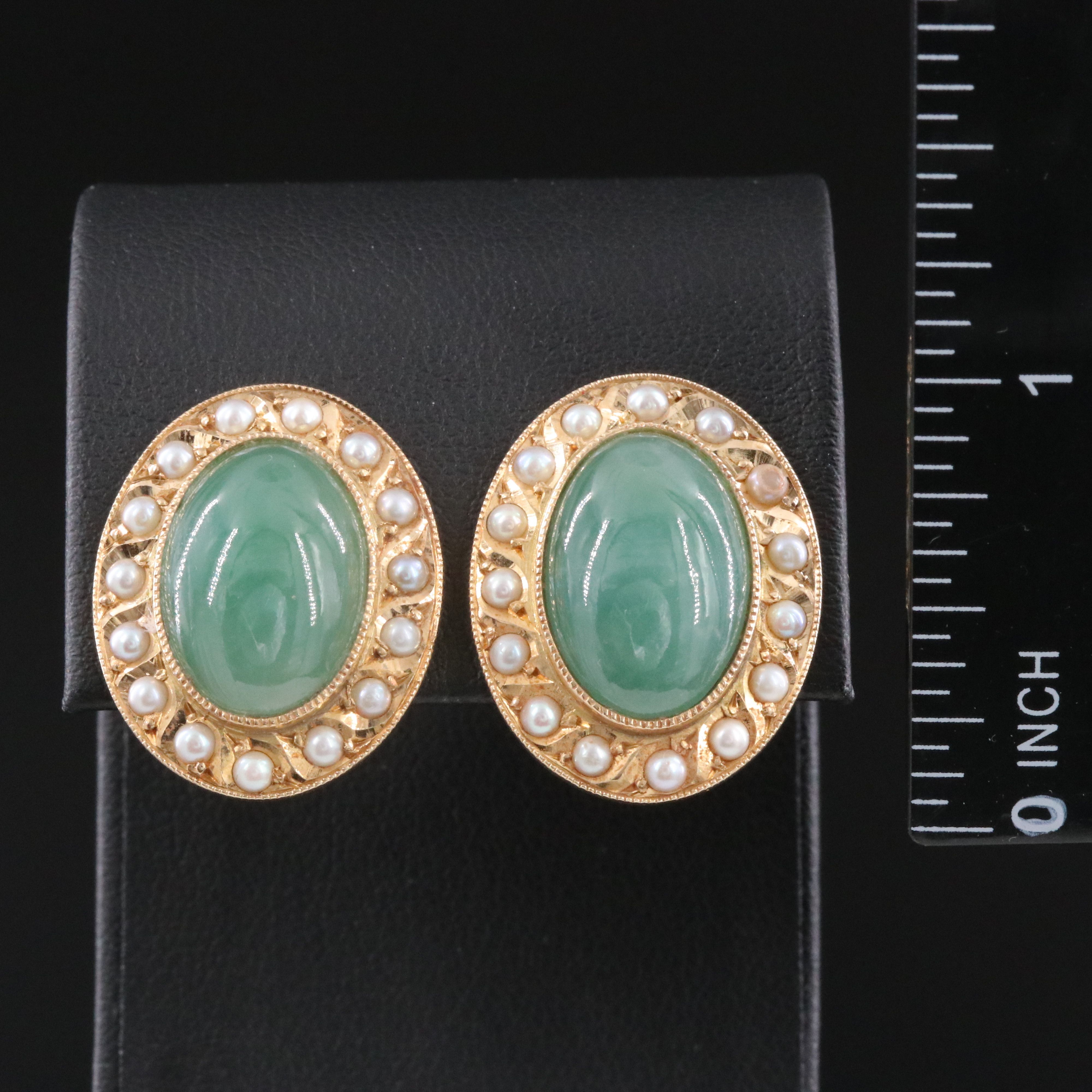 Vintage 14K Jadeite and Seed Pearl Earrings
