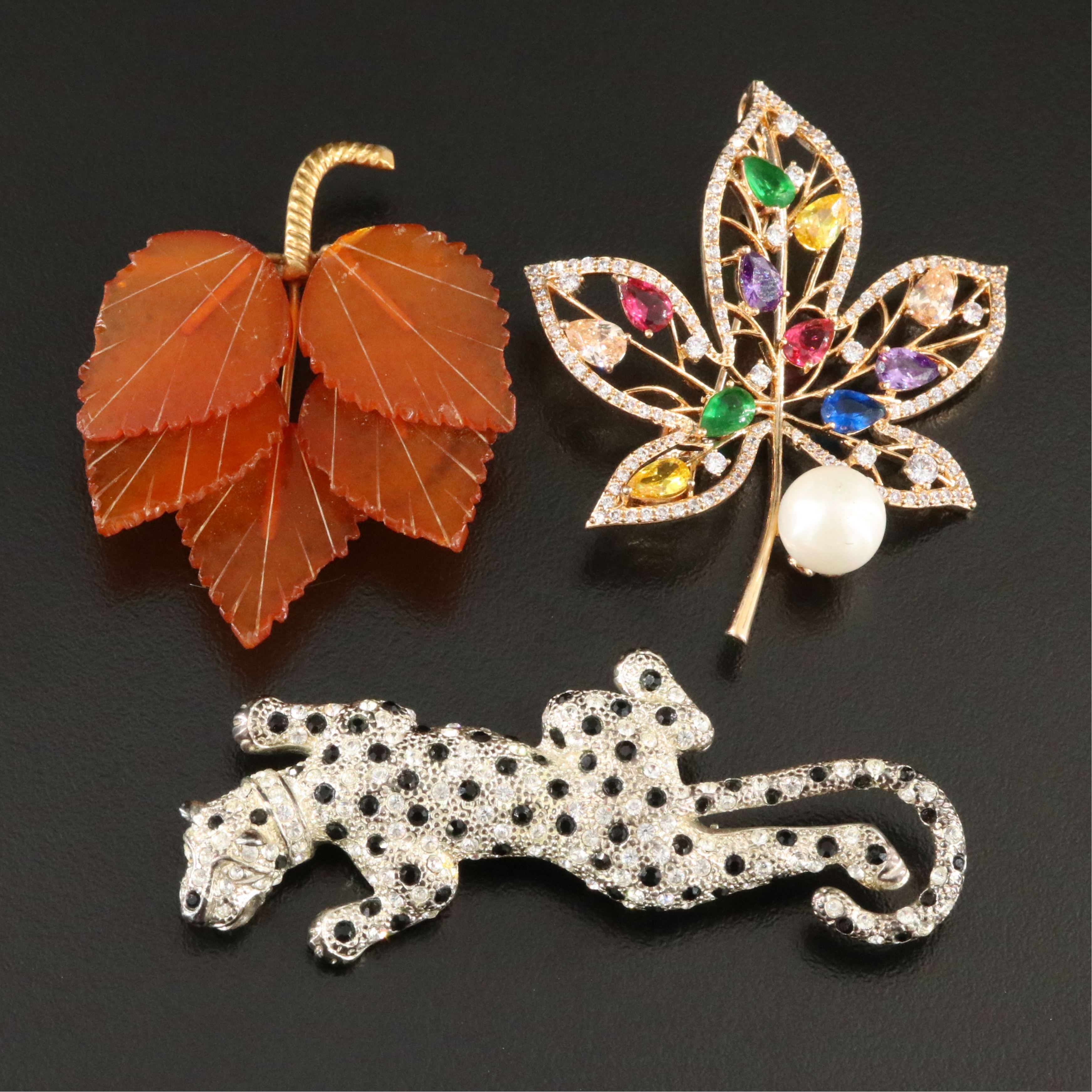 Vintage CZ, Faux Pearl, and Rhinestone Leaf and Panther Brooch Trio