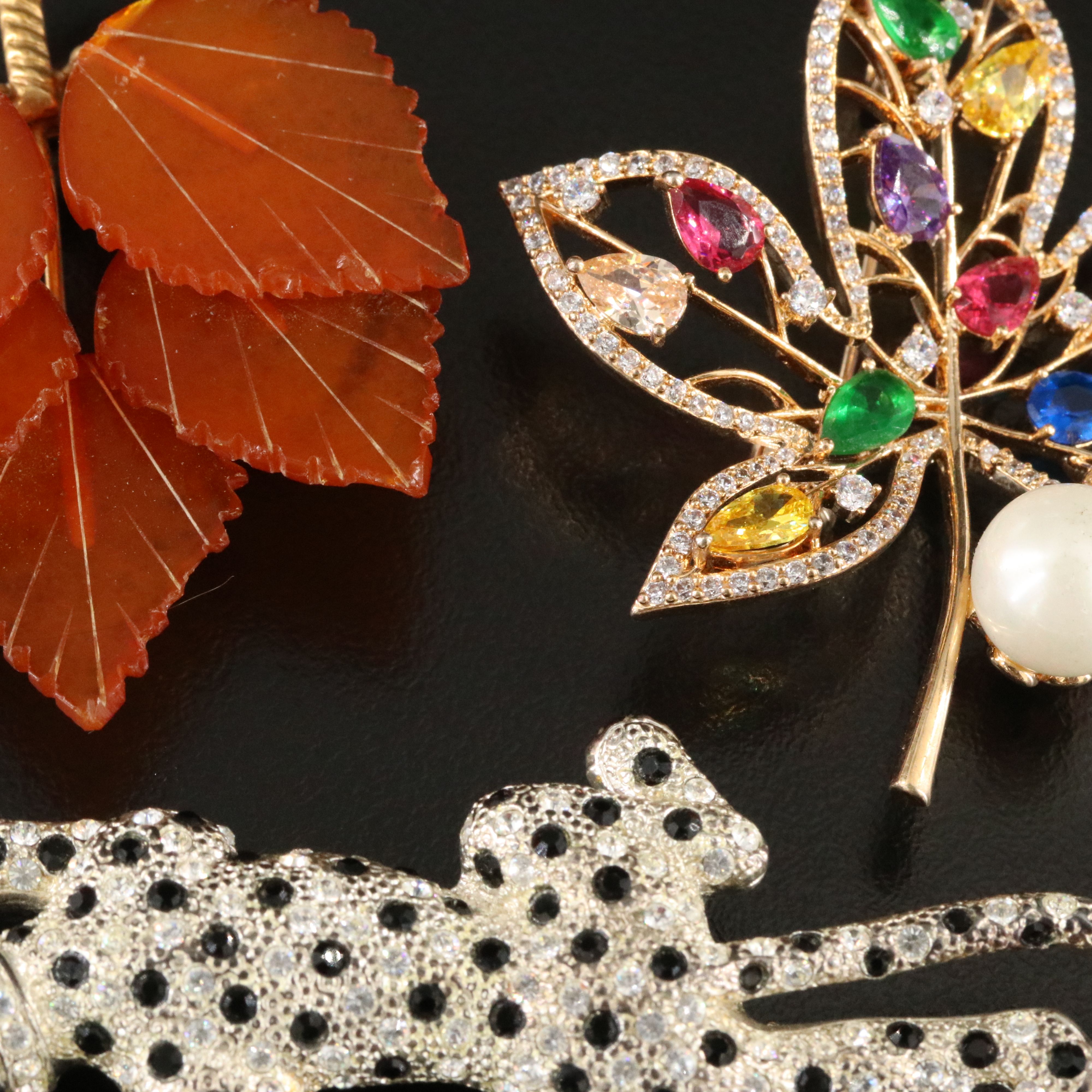 Vintage CZ, Faux Pearl, and Rhinestone Leaf and Panther Brooch Trio