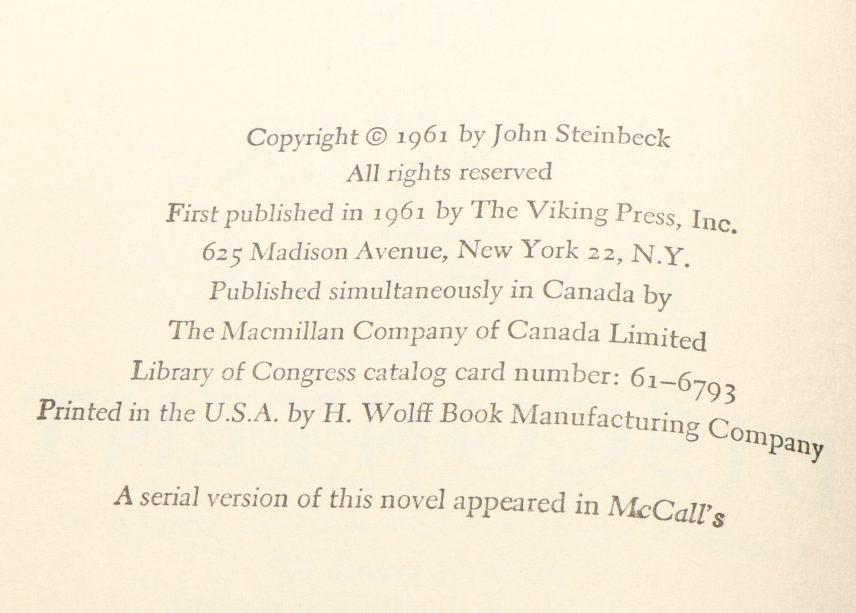 Book Club Edition "The Winter of Our Discontent" by John Steinbeck, 1961