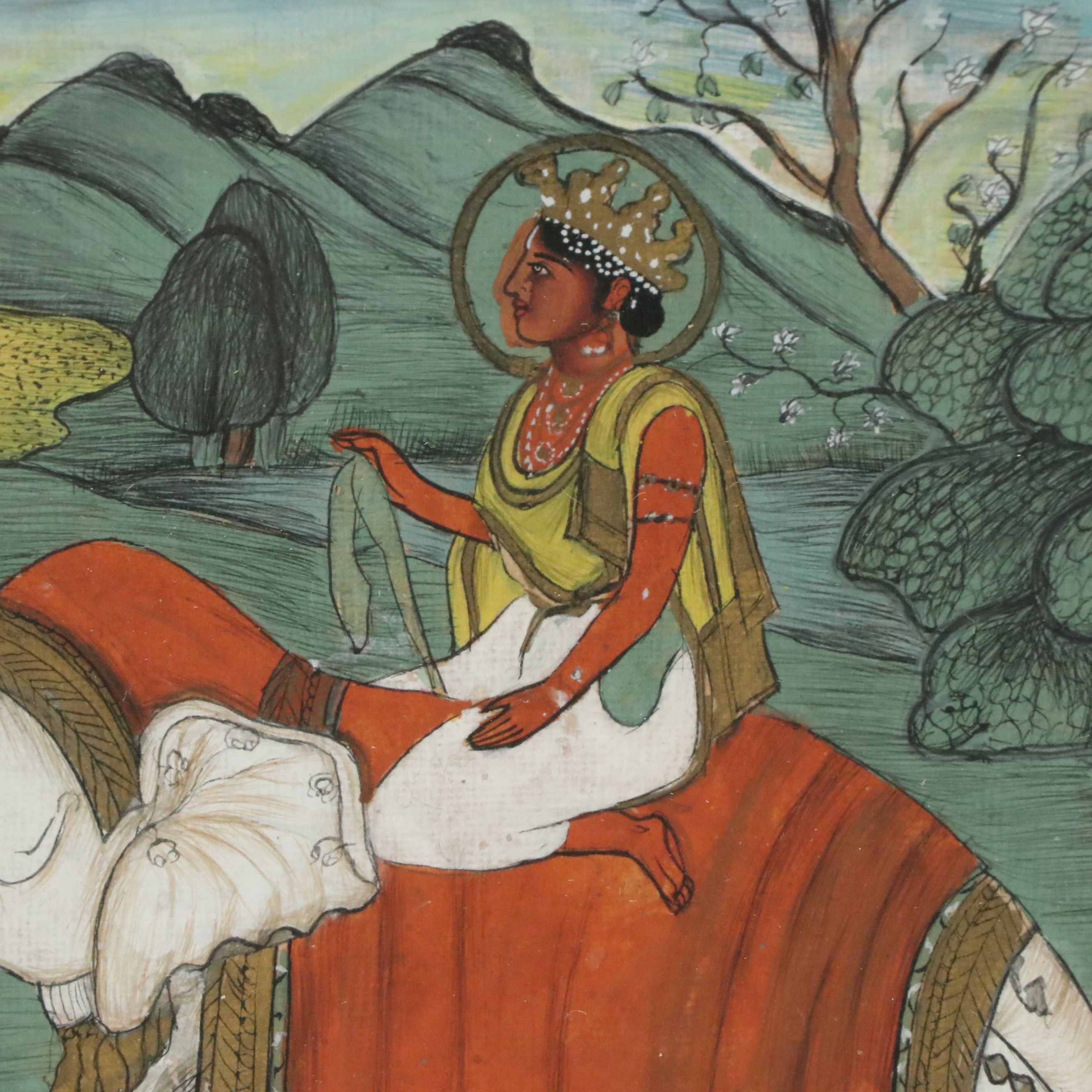 Indo-Persian Gouache Painting of Figure Riding Elephant