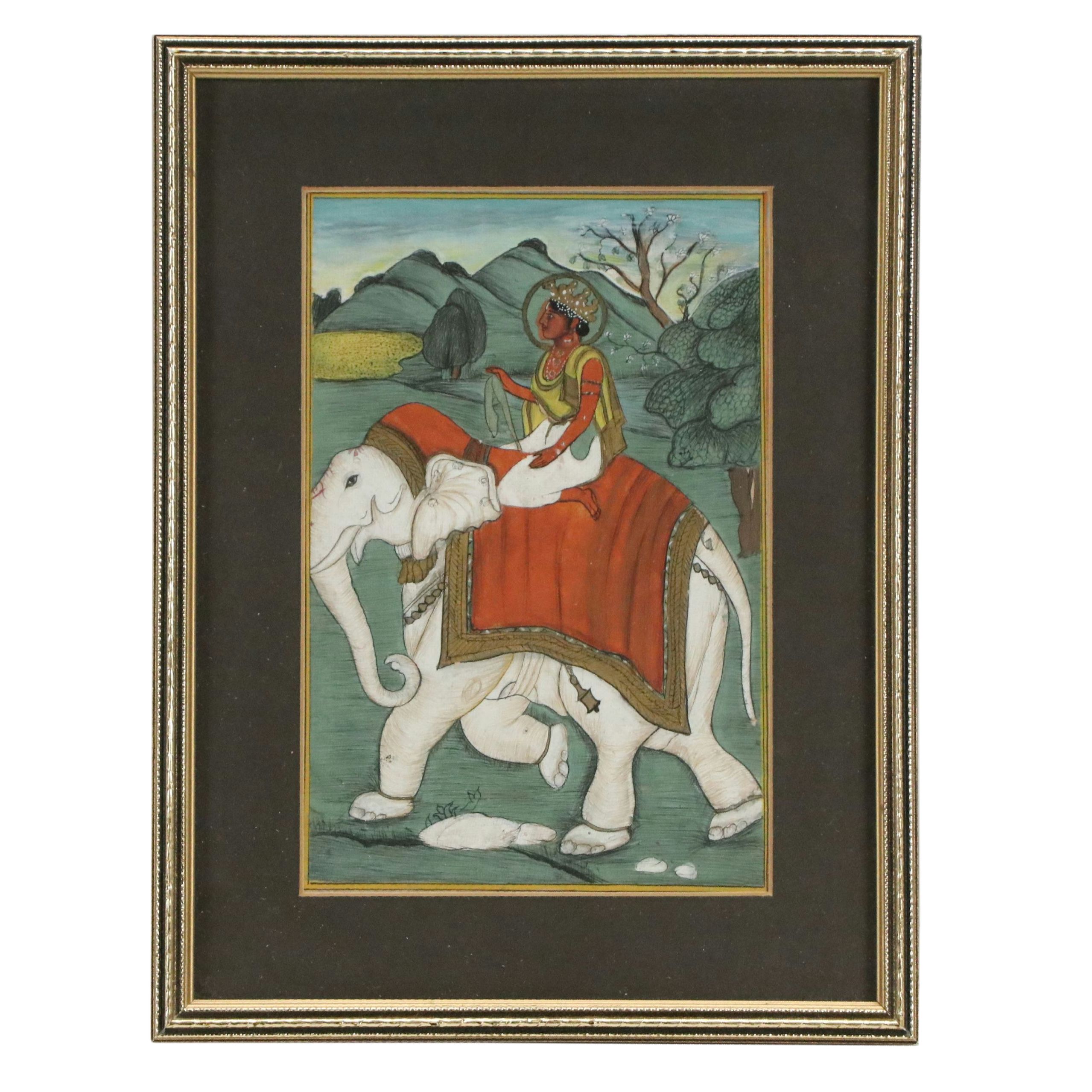 Indo-Persian Gouache Painting of Figure Riding Elephant
