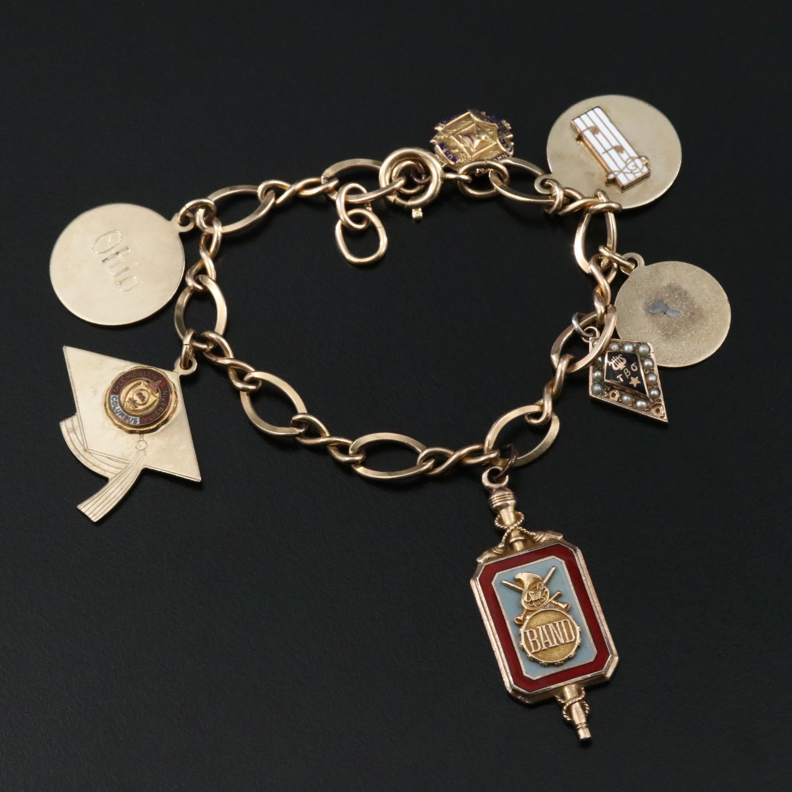 Gold-Filled Vintage Charm Bracelet Including Academic and Service Charms