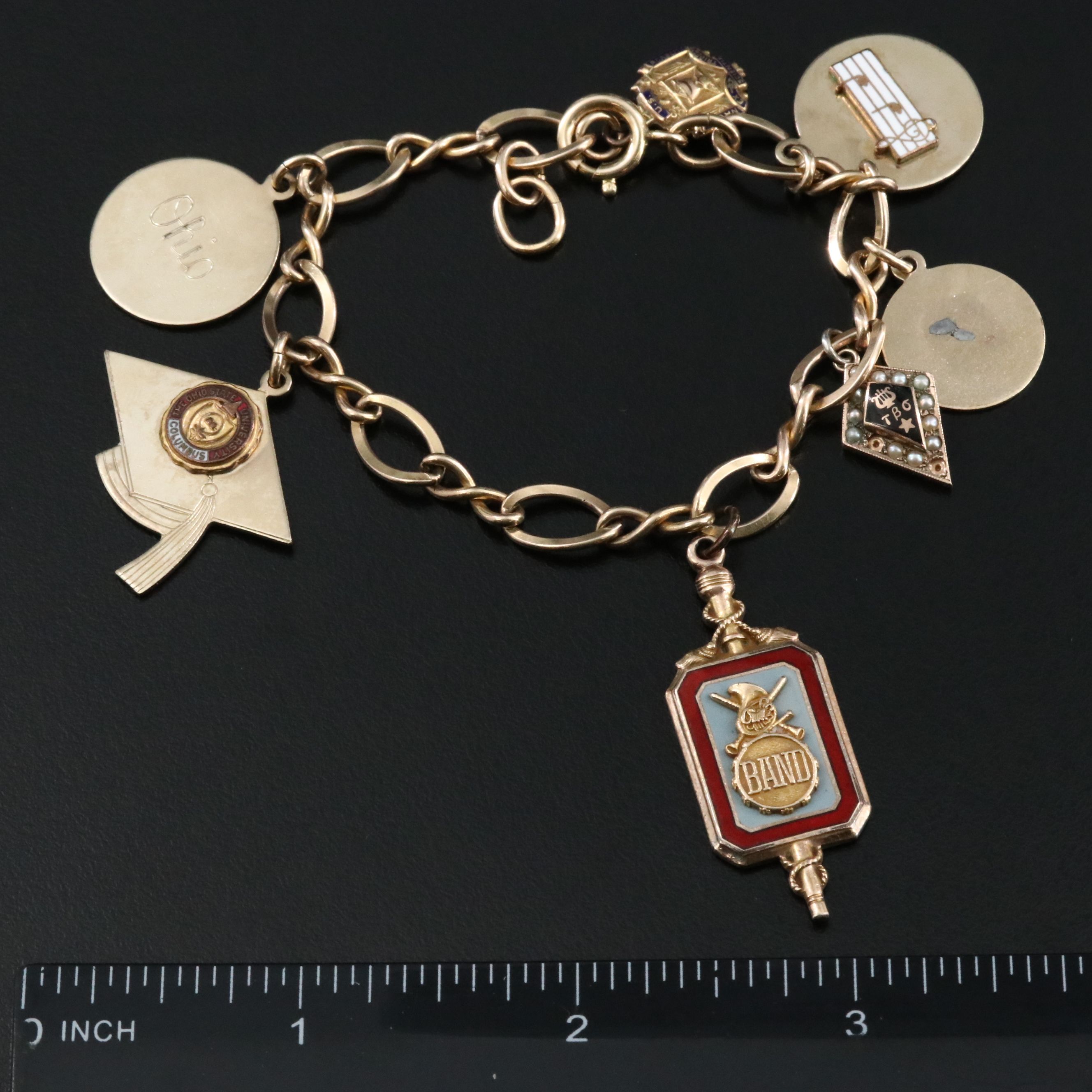 Gold-Filled Vintage Charm Bracelet Including Academic and Service Charms