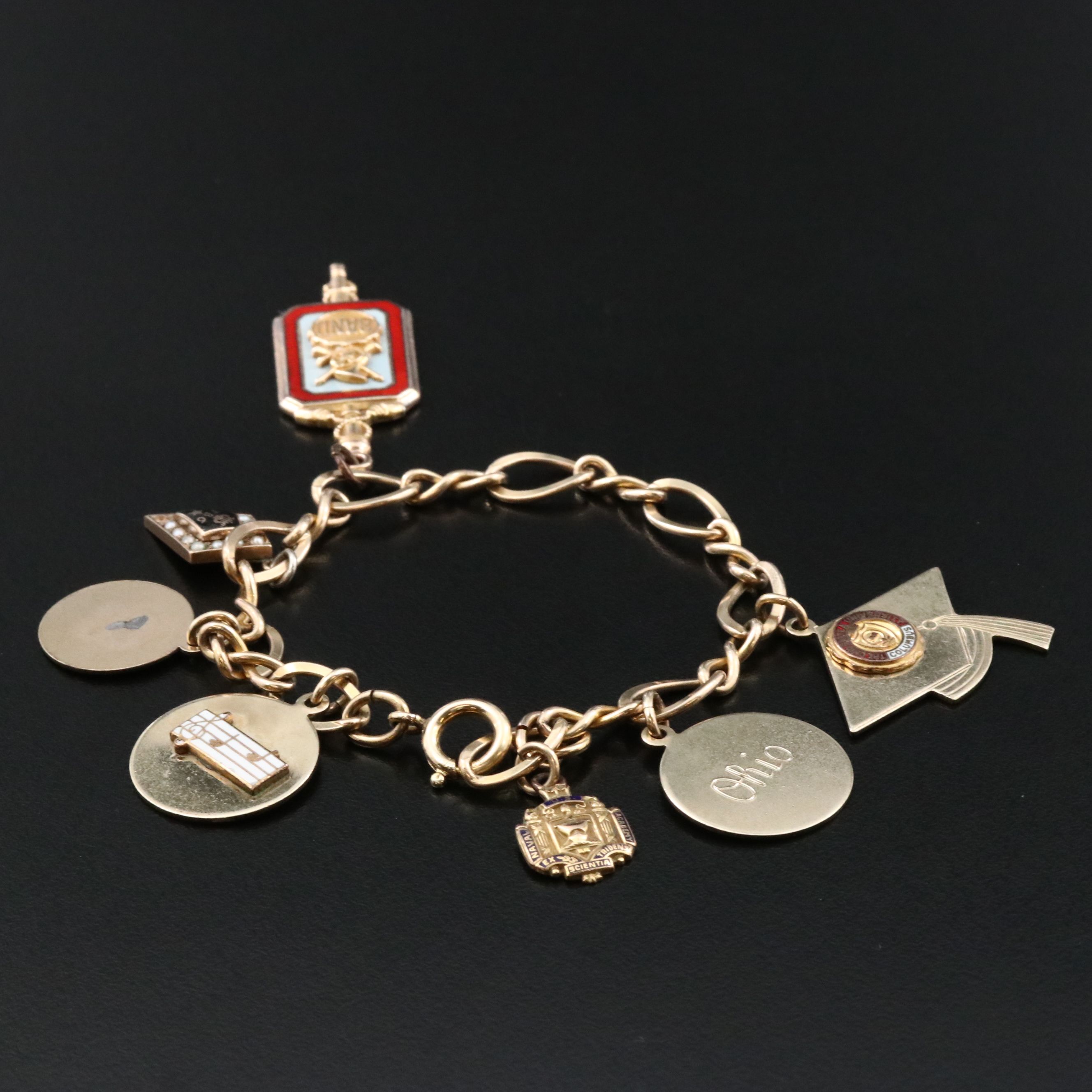 Gold-Filled Vintage Charm Bracelet Including Academic and Service Charms
