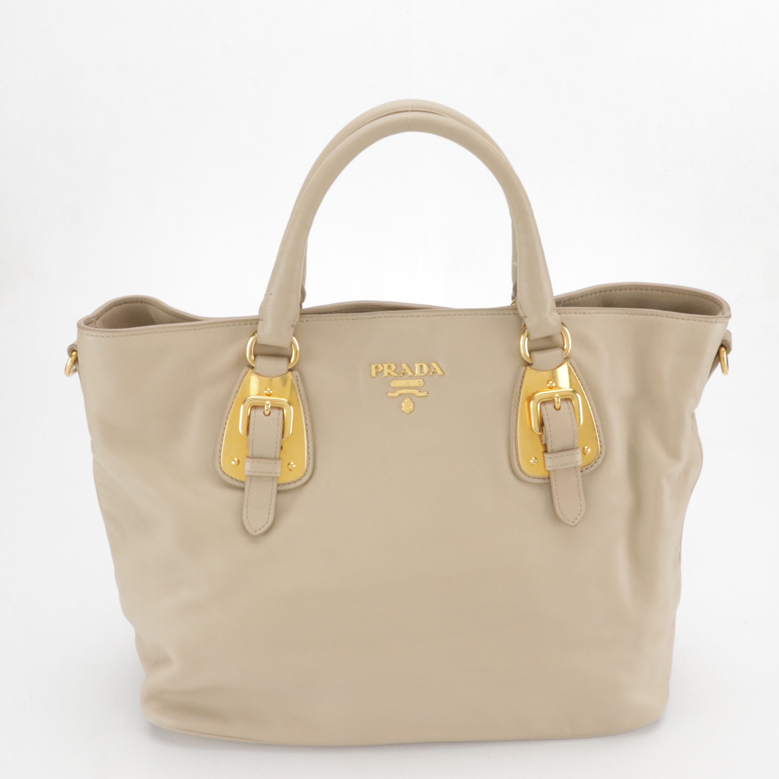 Prada Buckle Two-Way Shopping Tote Bag in Natural Soft Calfskin Leather