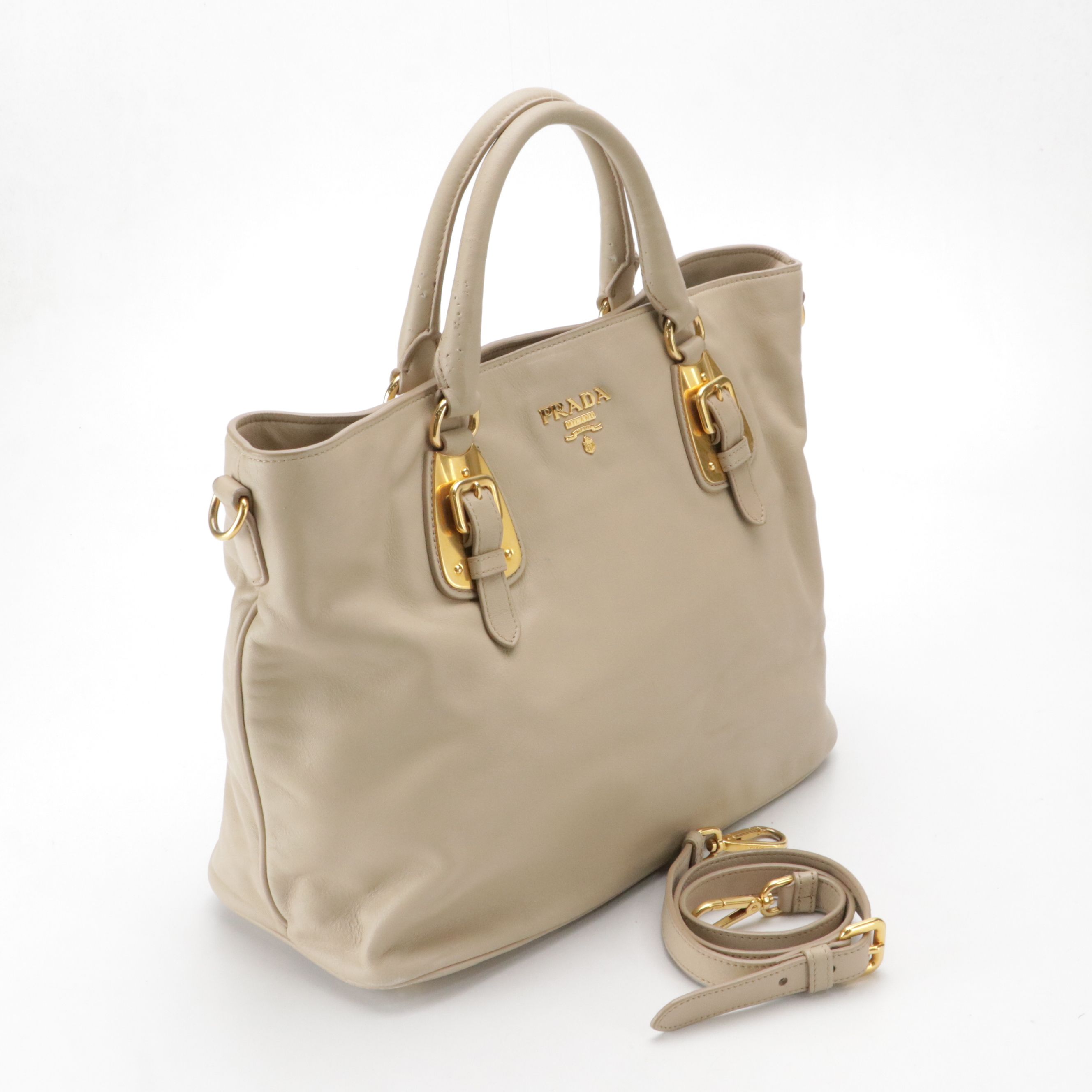 Prada Buckle Two-Way Shopping Tote Bag in Natural Soft Calfskin Leather