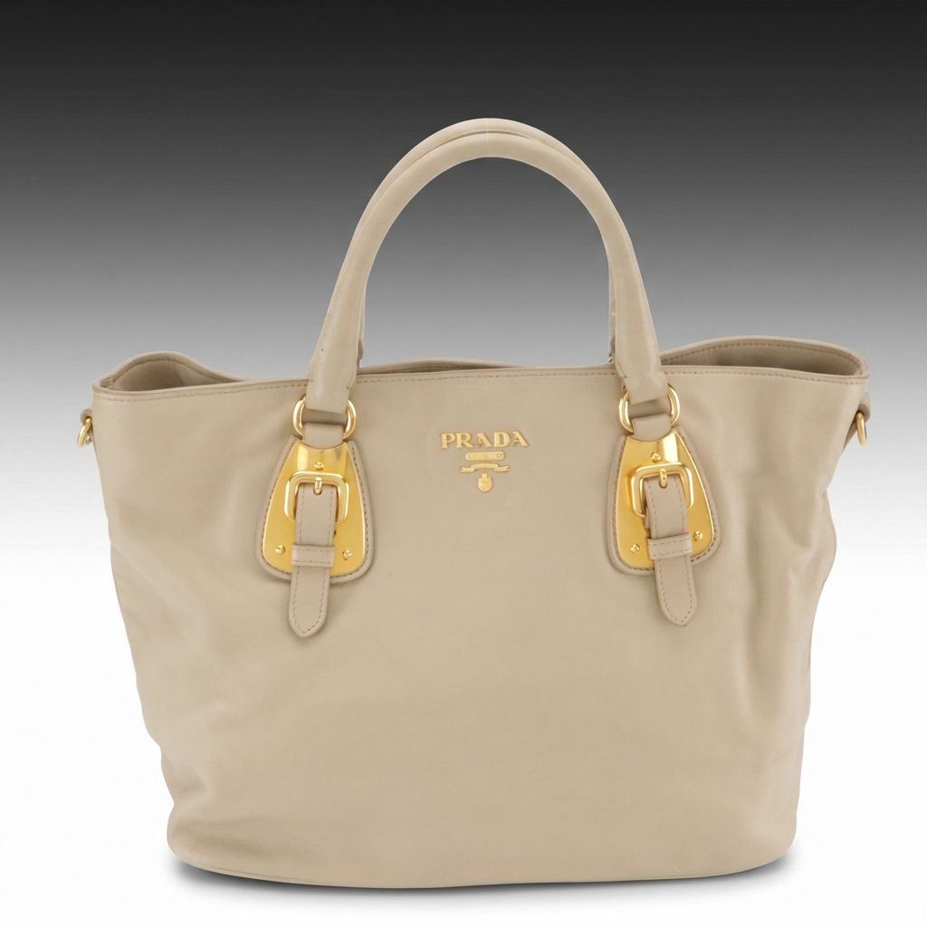 Prada Buckle Two-Way Shopping Tote Bag in Natural Soft Calfskin Leather