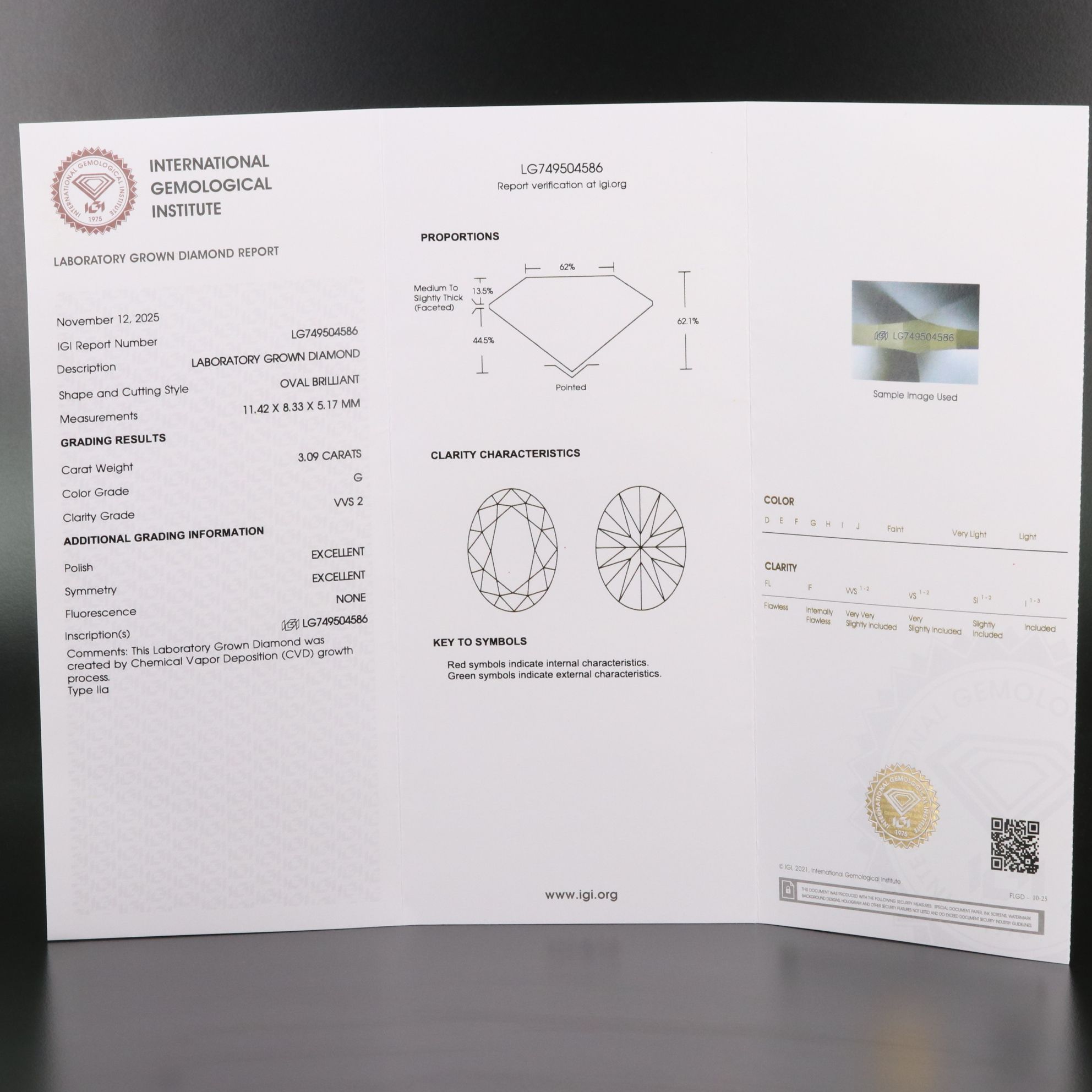 Loose 3.09 CT Lab Grown Diamond with IGI Report