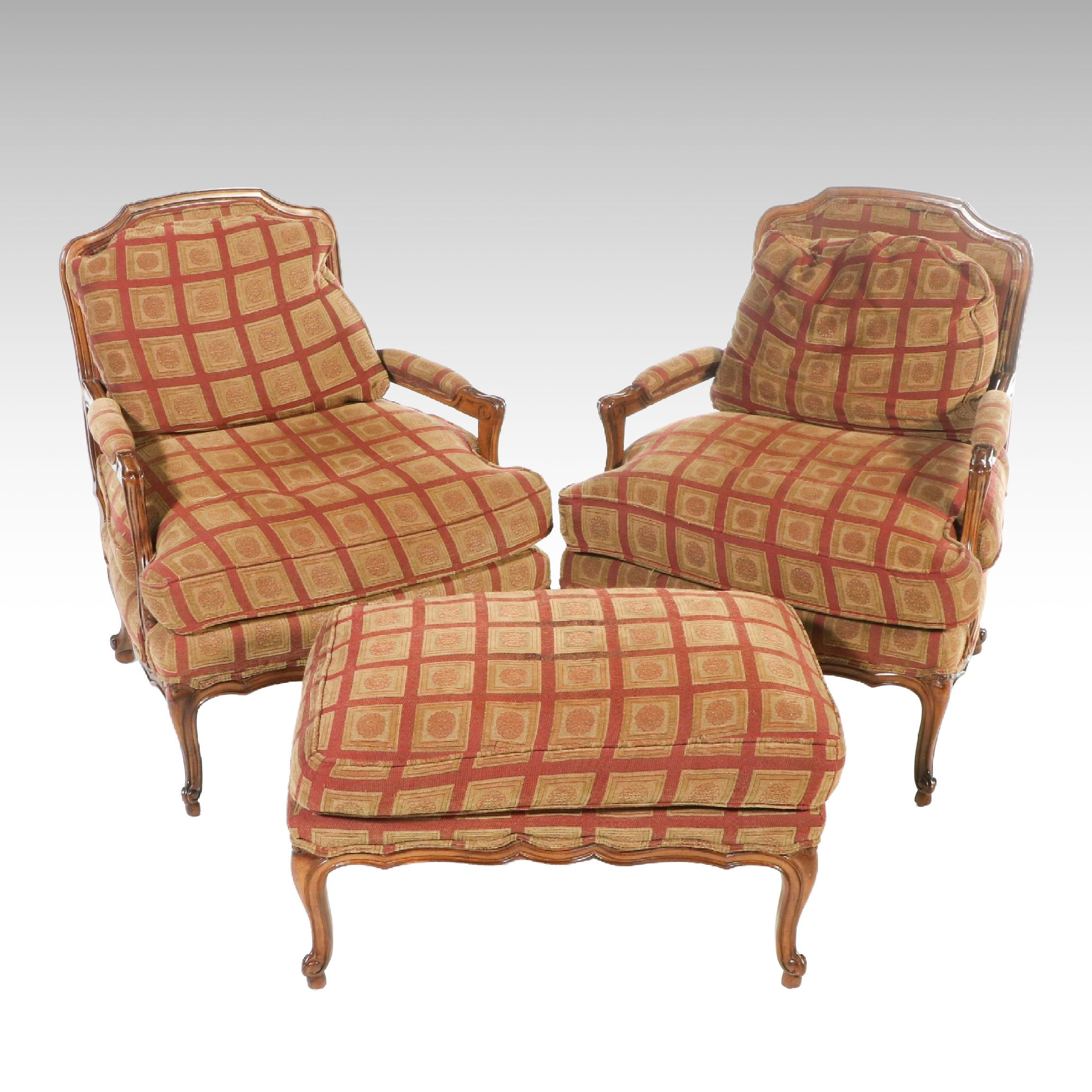Pair of Sherrill Furniture French Provincial Style Armchairs and Ottoman
